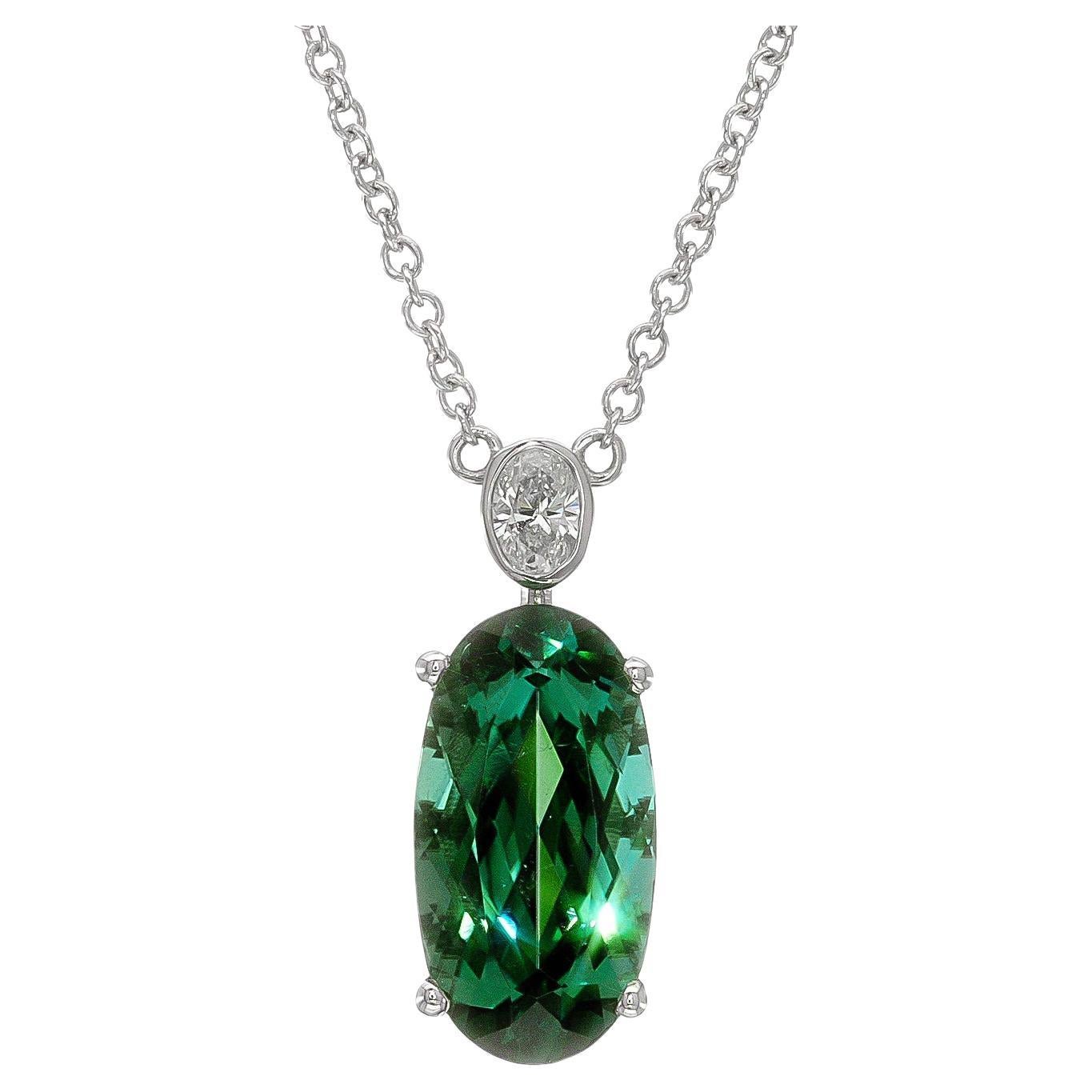 Carat 3.24 Blue-Green Tourmaline Diamond in White Gold Pendant  For Sale