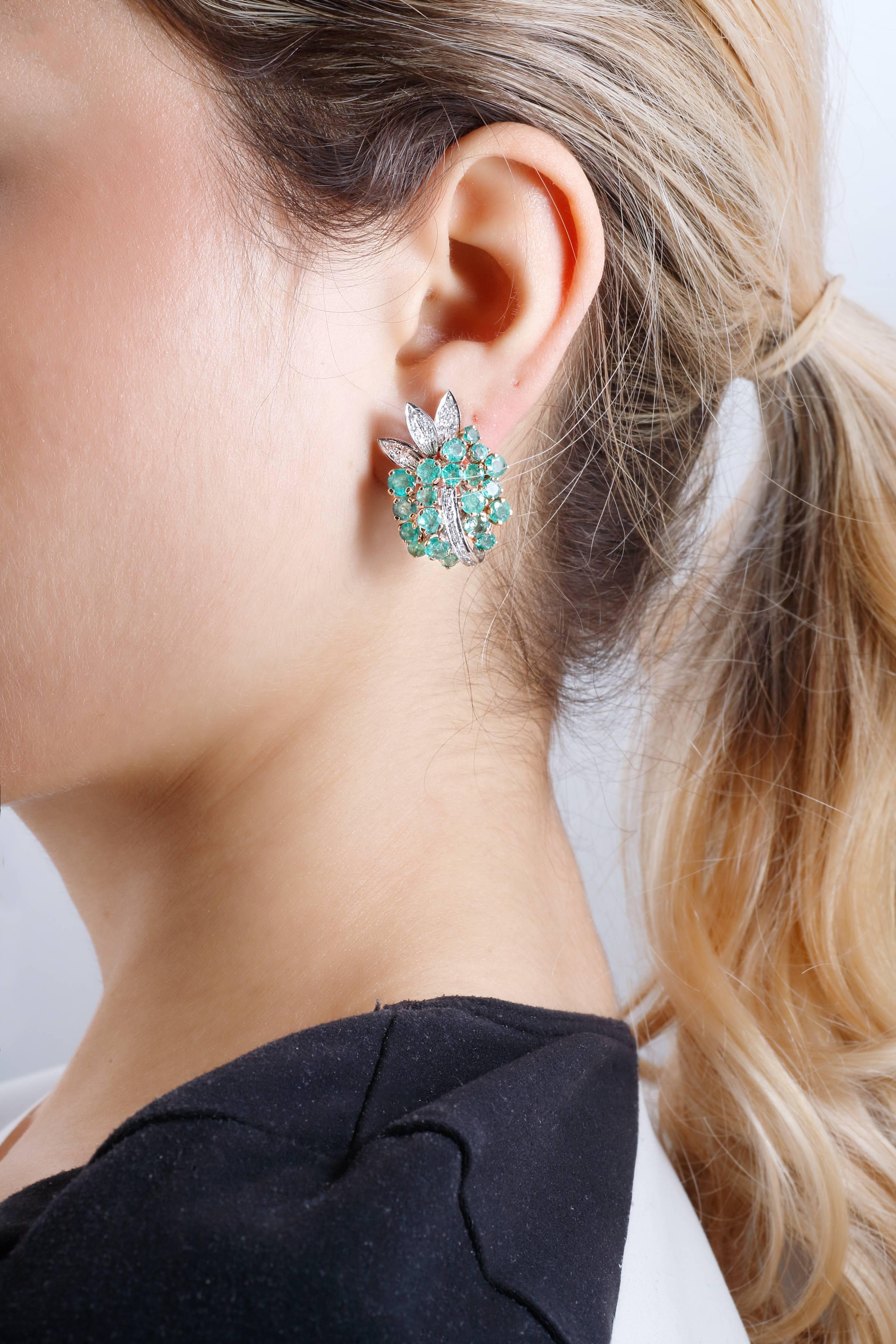 Women's Carat 8.10 Emeralds, Diamonds, Rose and White Gold Clip-On Earrings
