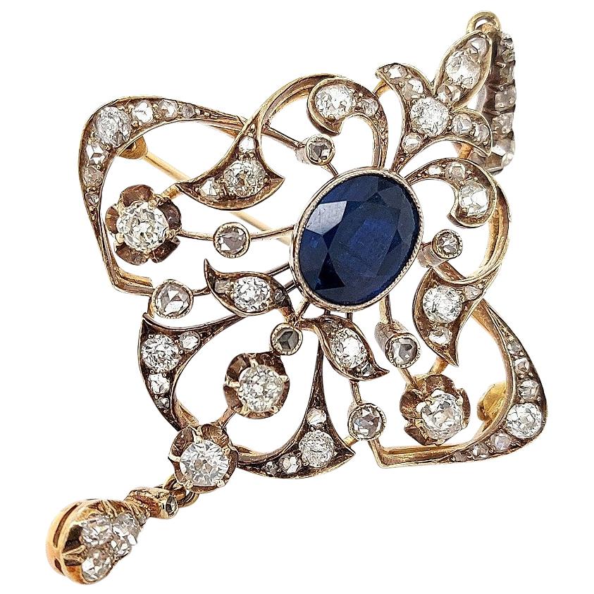  14kt Yellow Gold Sapphire and Diamond Brooch/Pendant CGL Certified For Sale