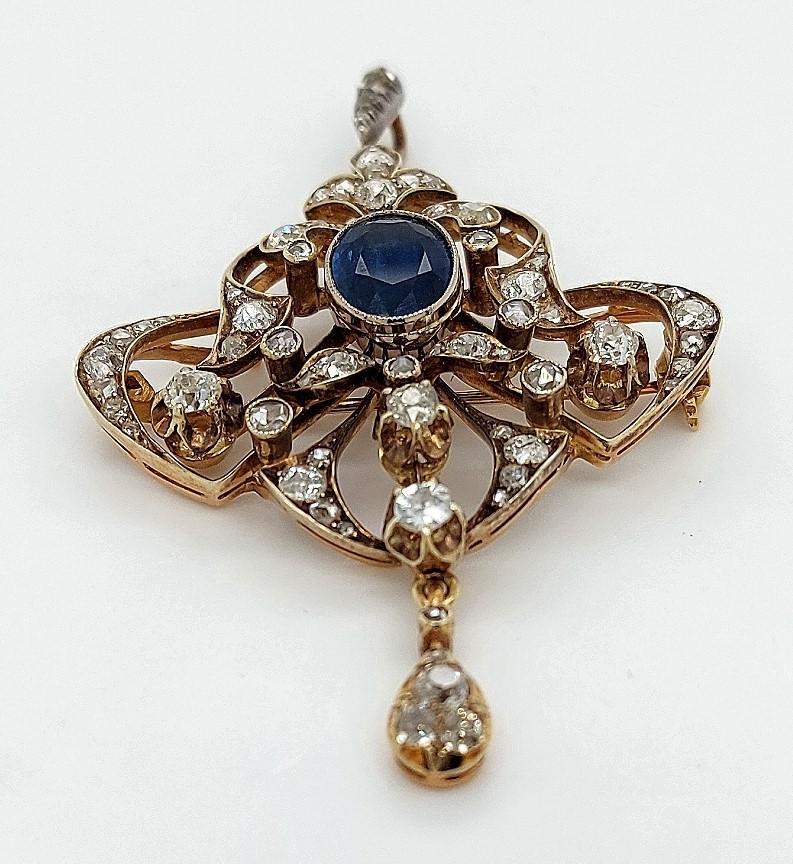 Victorian  14kt Yellow Gold Sapphire and Diamond Brooch/Pendant CGL Certified For Sale