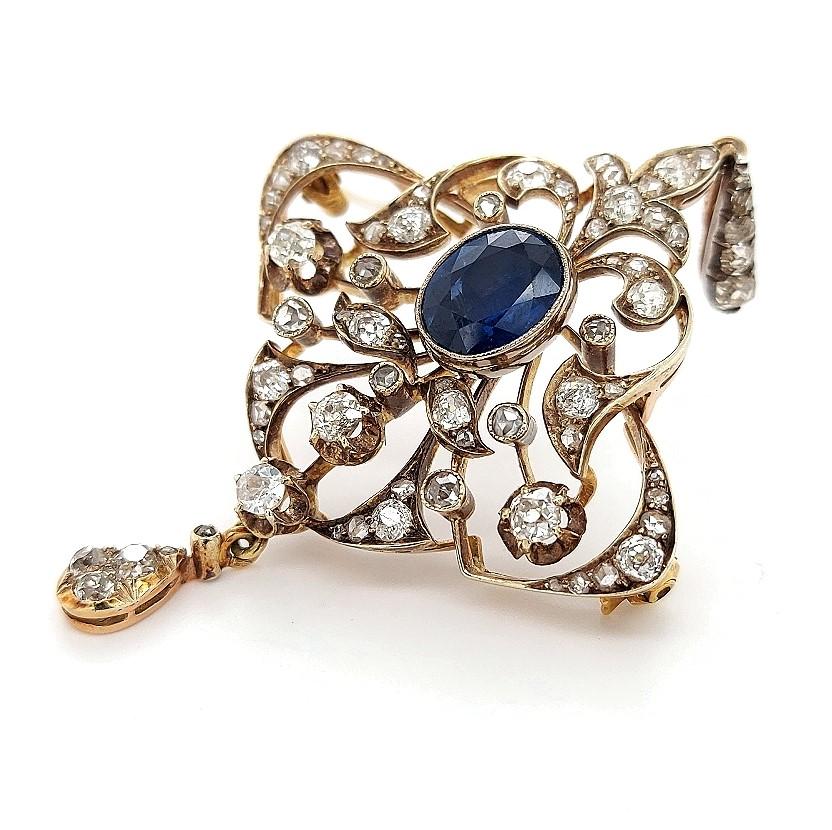Oval Cut  14kt Yellow Gold Sapphire and Diamond Brooch/Pendant CGL Certified For Sale