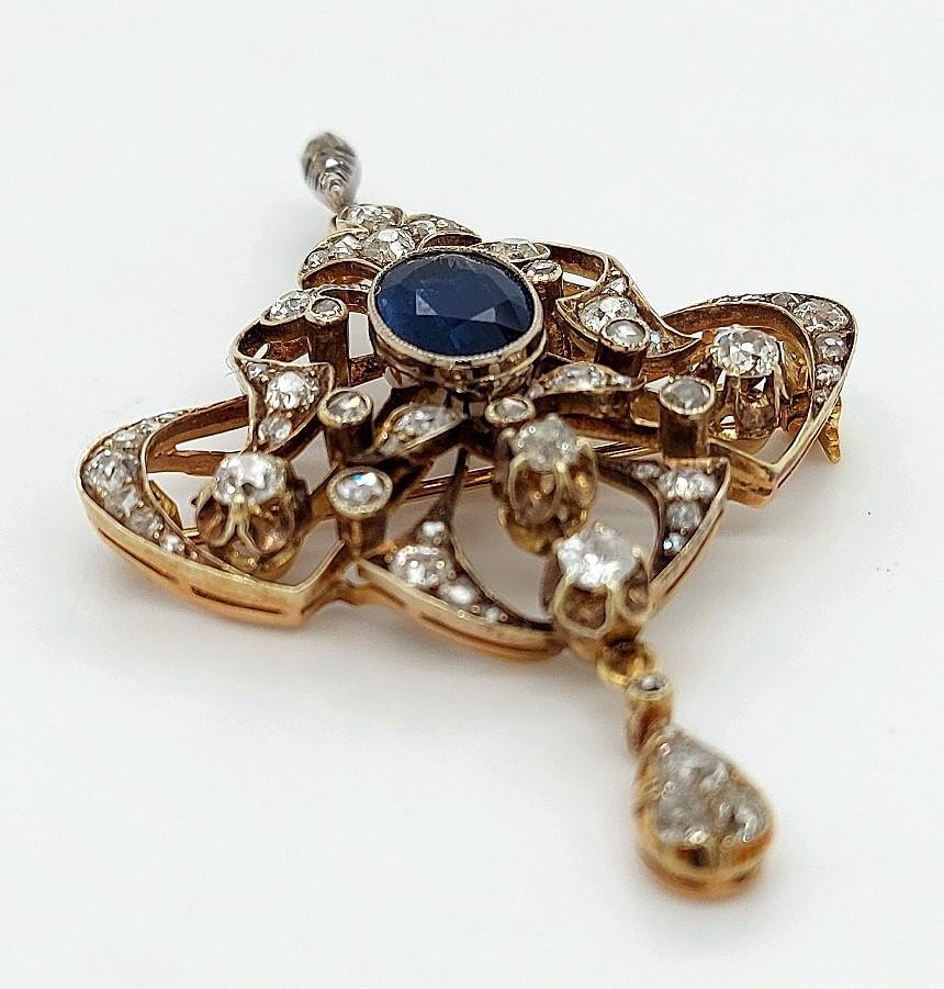  14kt Yellow Gold Sapphire and Diamond Brooch/Pendant CGL Certified In Excellent Condition For Sale In Antwerp, BE