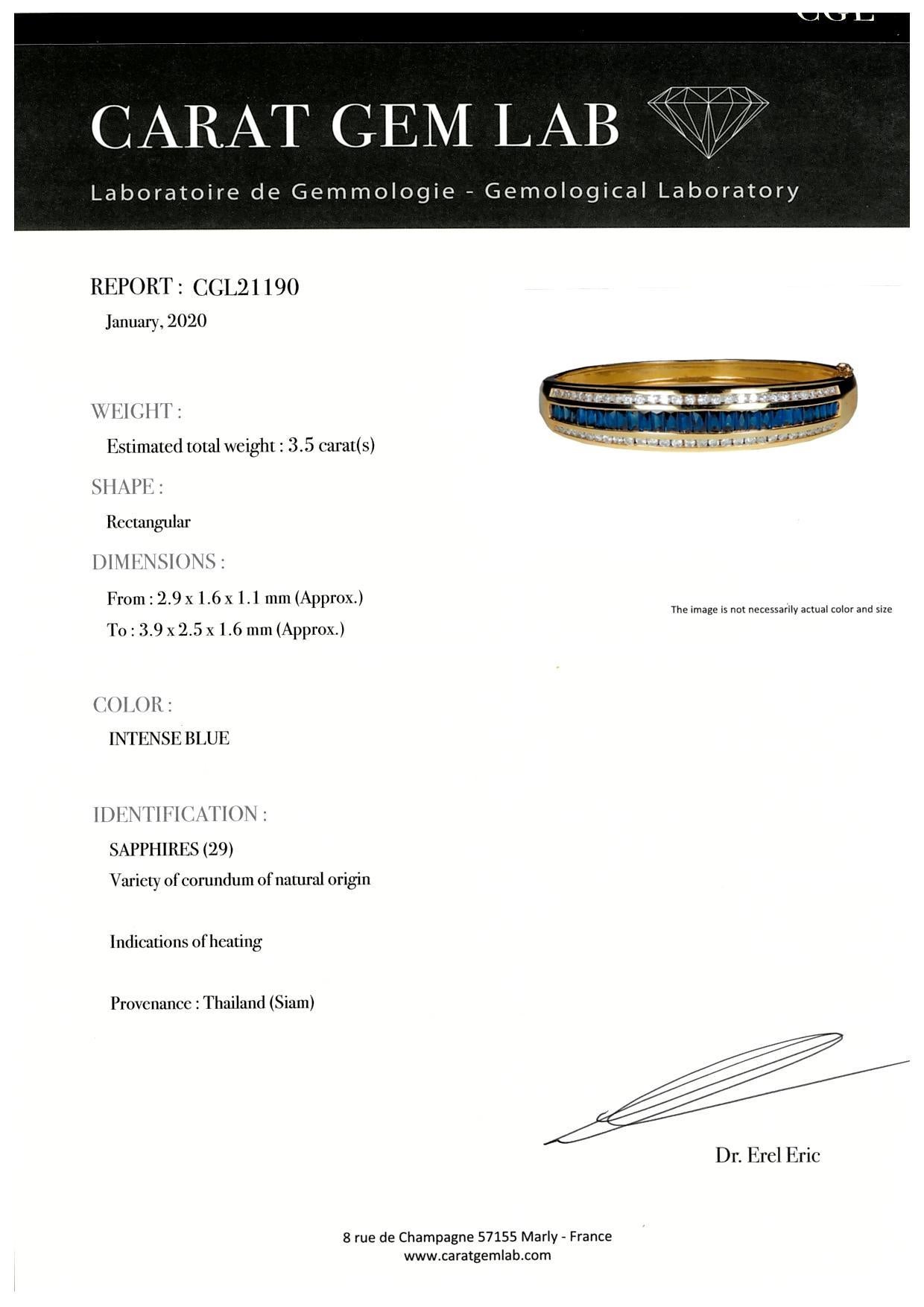 18kt Yellow Gold Bangle Bracelet  3.5ct Sapphire Diamonds, CGL Certified For Sale 3