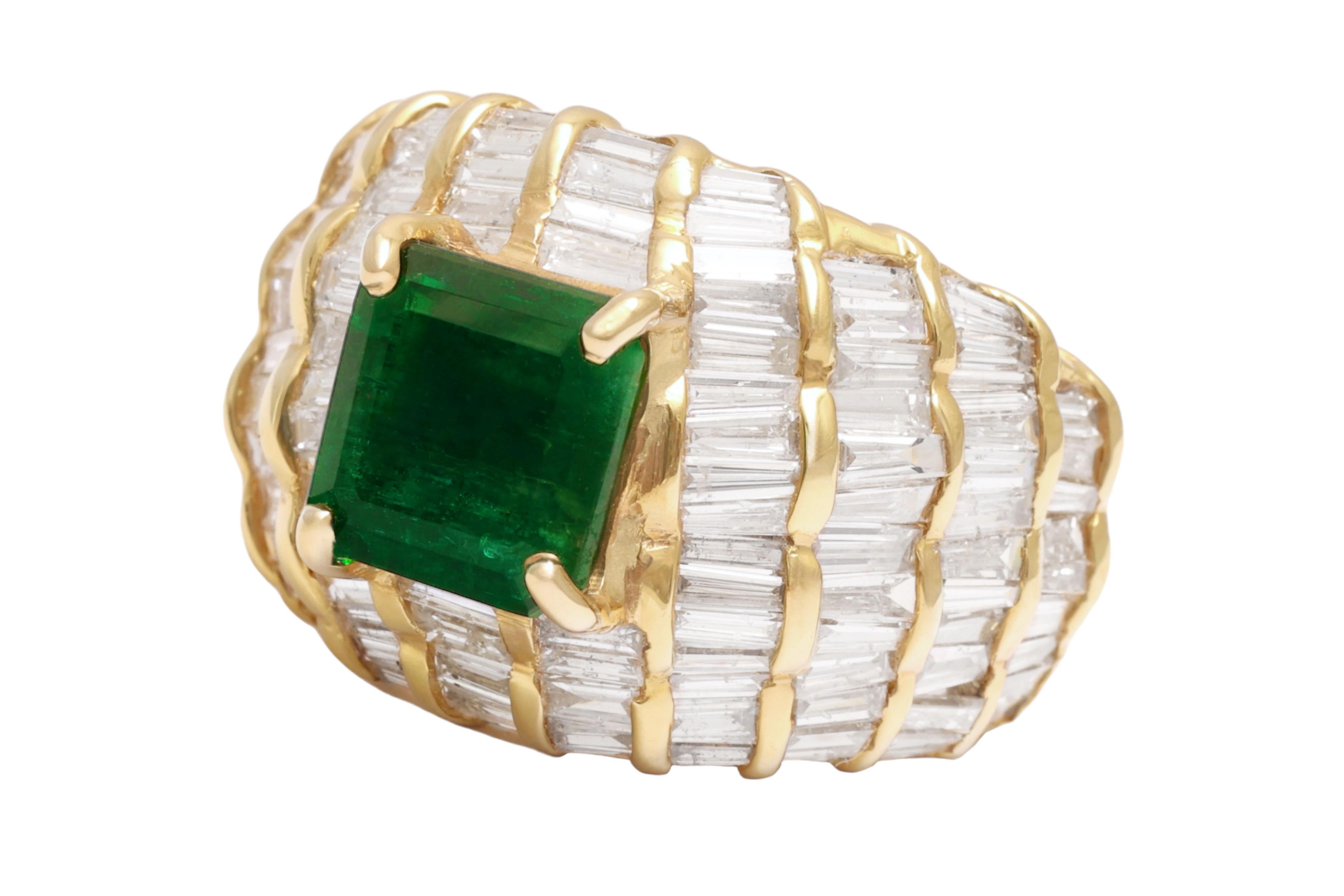 Artisan Carat Gemlab Certified 2.54 Carat Emerald Dome Ring with Baguette Diamonds For Sale
