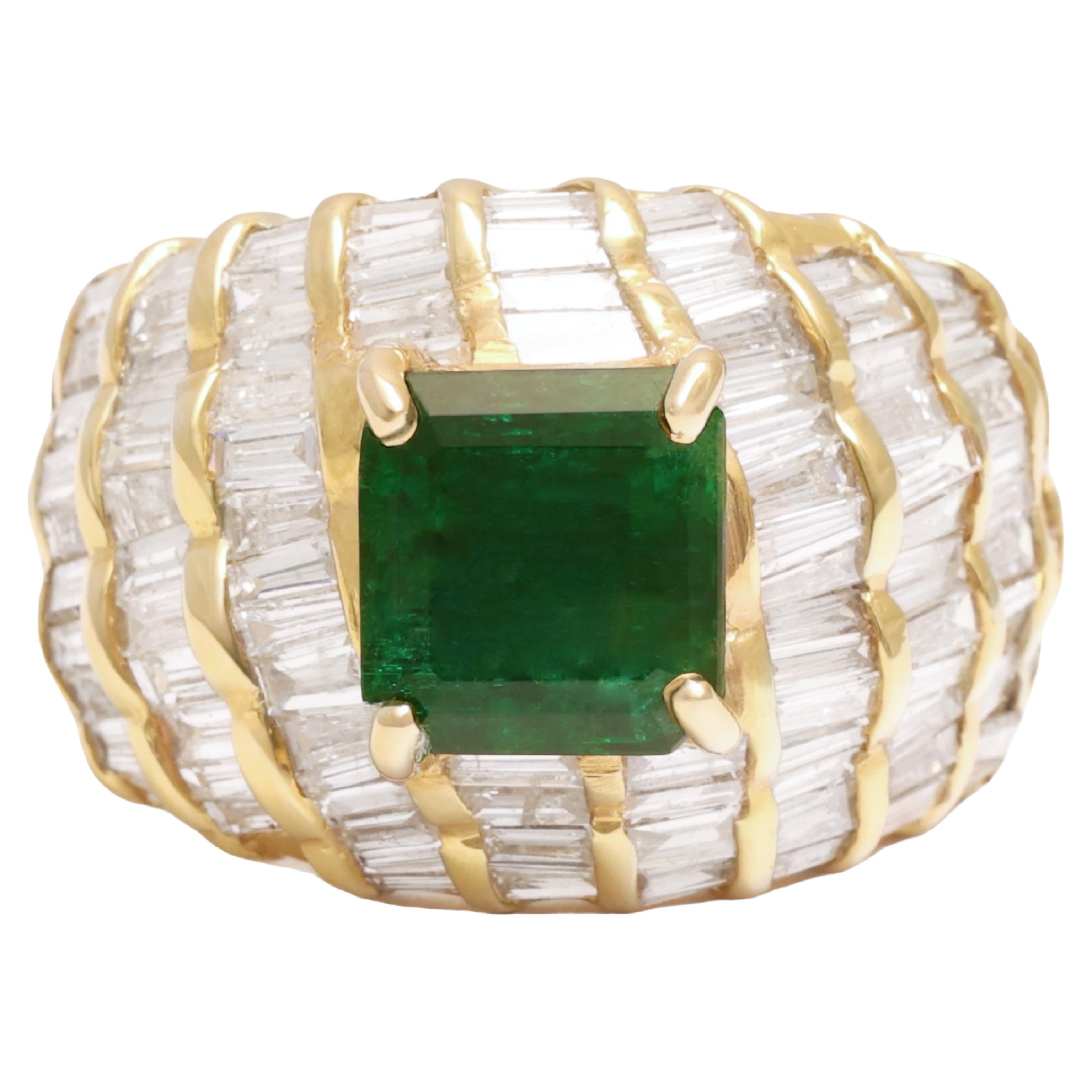 Carat Gemlab Certified 2.54 Carat Emerald Dome Ring with Baguette Diamonds For Sale