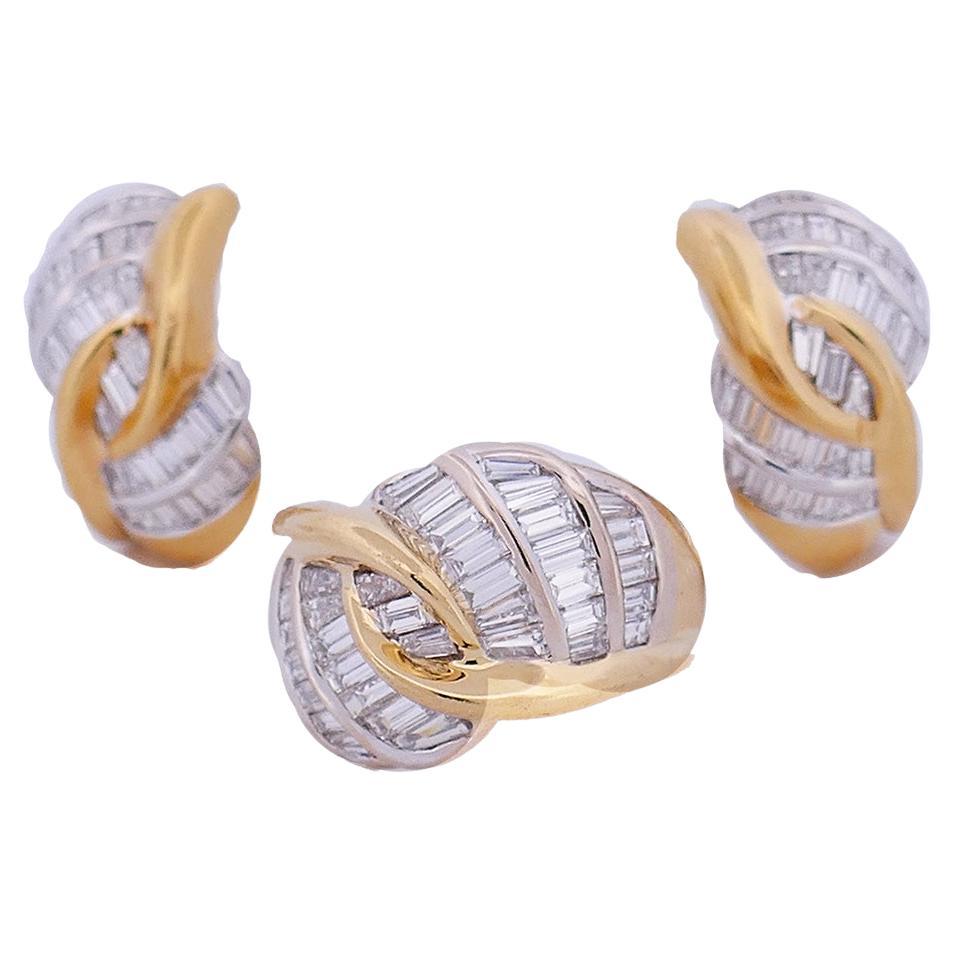 Carati Vintage Ring Earrings 18k Gold Diamond Set Estate Jewelry For Sale