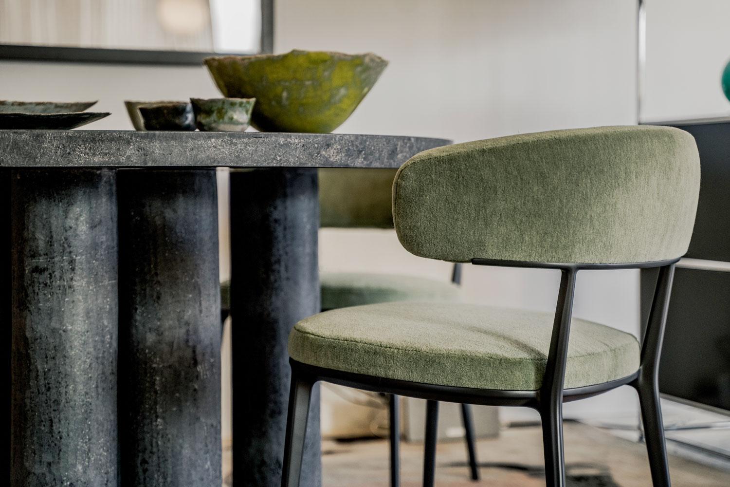 Contemporary Caratos Dining Chair in Sage-colored Velvet by Maxalto - Available Now