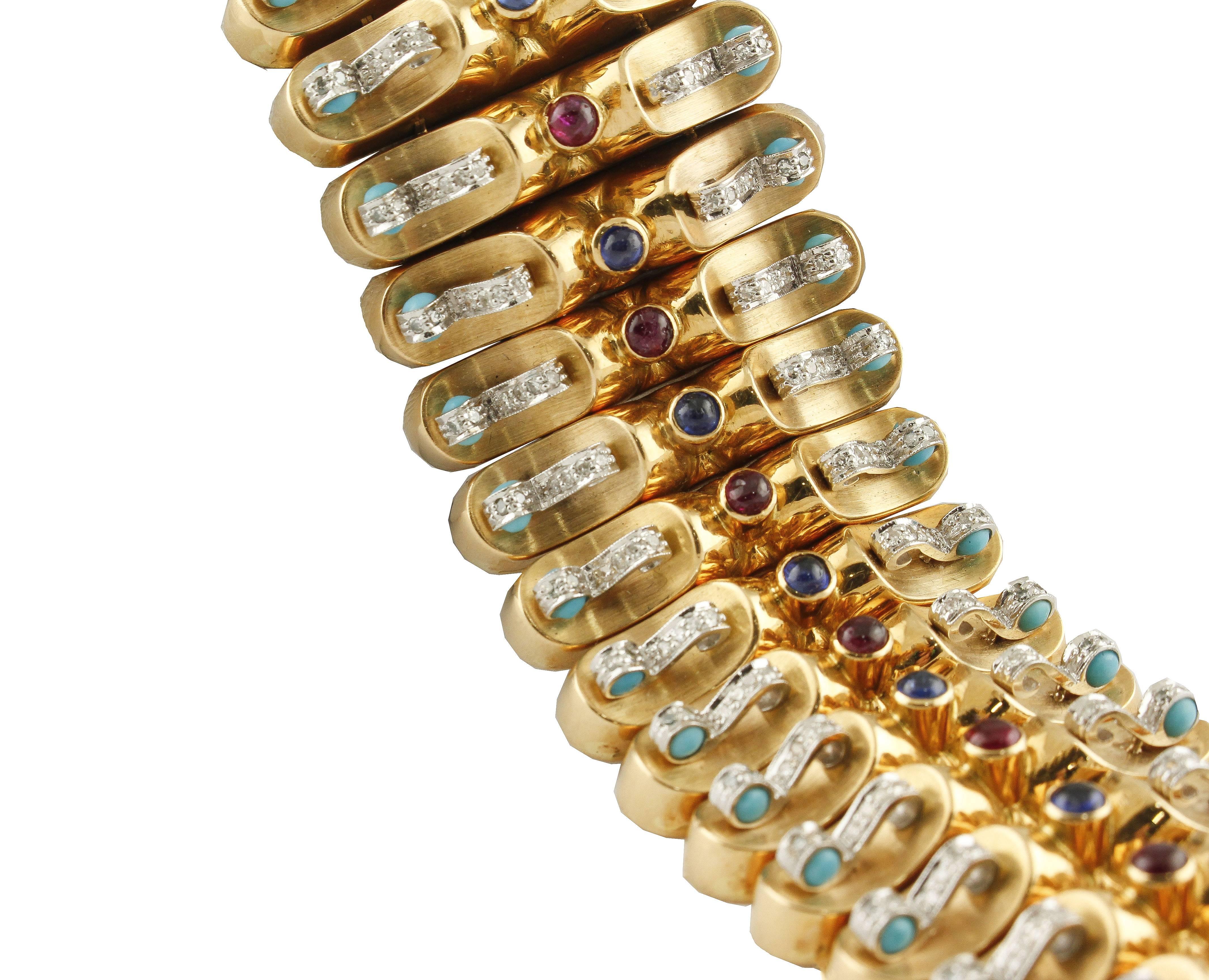 Brilliant Cut Rubies Blue Sapphires Turquoise Diamonds Yellow Gold Band Bracelet For Sale