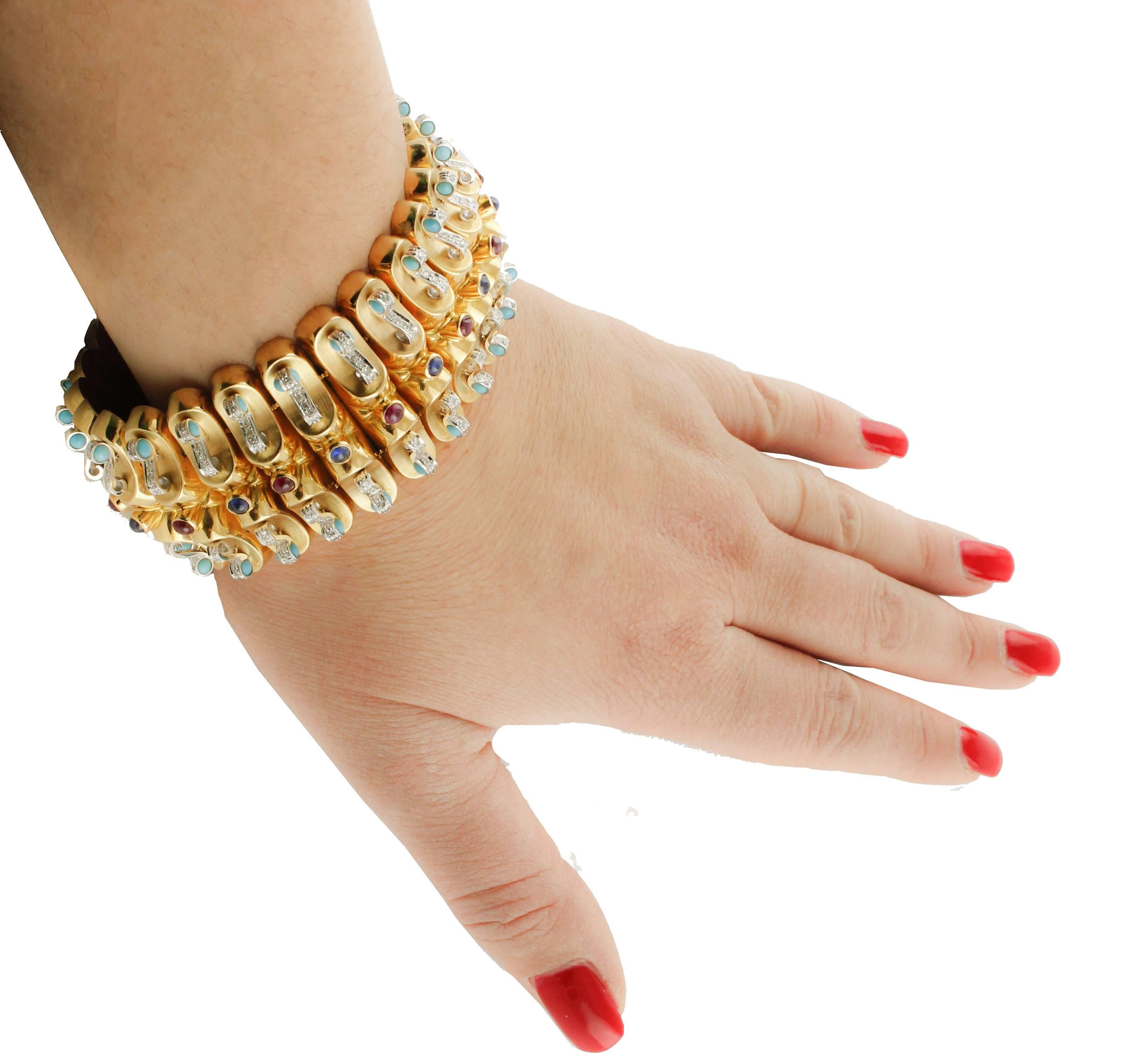 Rubies Blue Sapphires Turquoise Diamonds Yellow Gold Band Bracelet For Sale 1