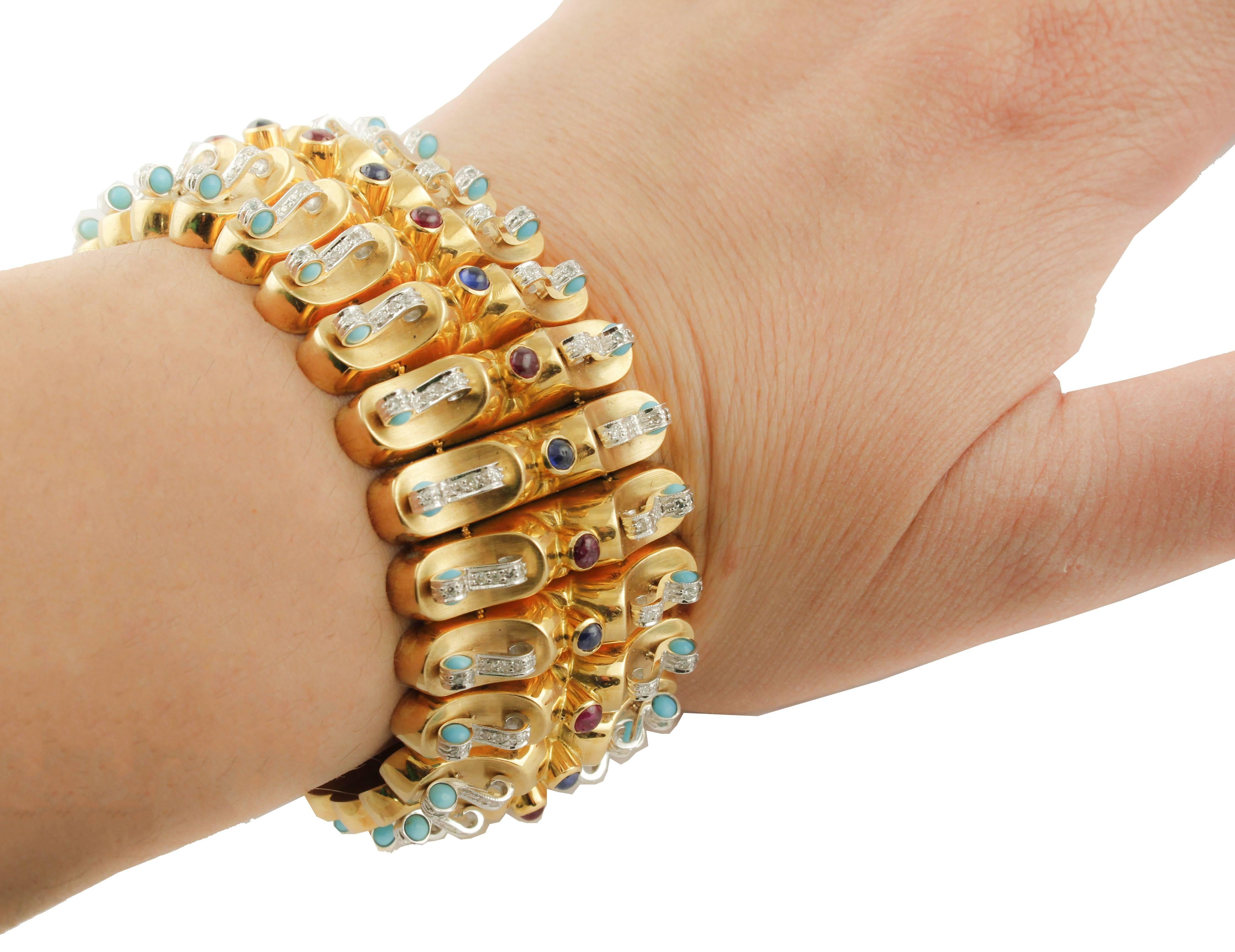Rubies Blue Sapphires Turquoise Diamonds Yellow Gold Band Bracelet For Sale 2