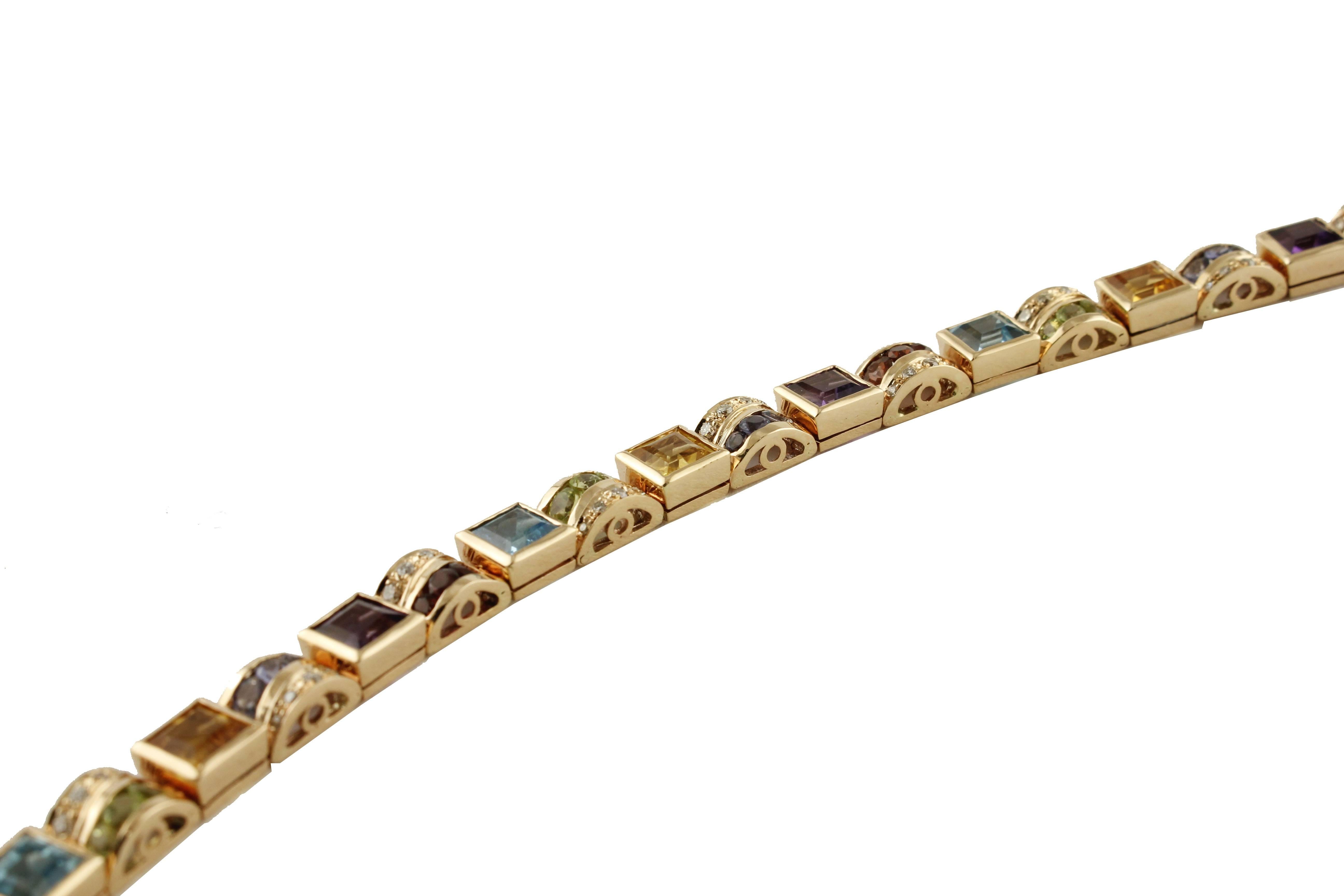 Brilliant Cut Topazs, Peridots, Garnets, Iolite, Amethysts, Diamonds, 14Kt Rose Gold Bracelet For Sale