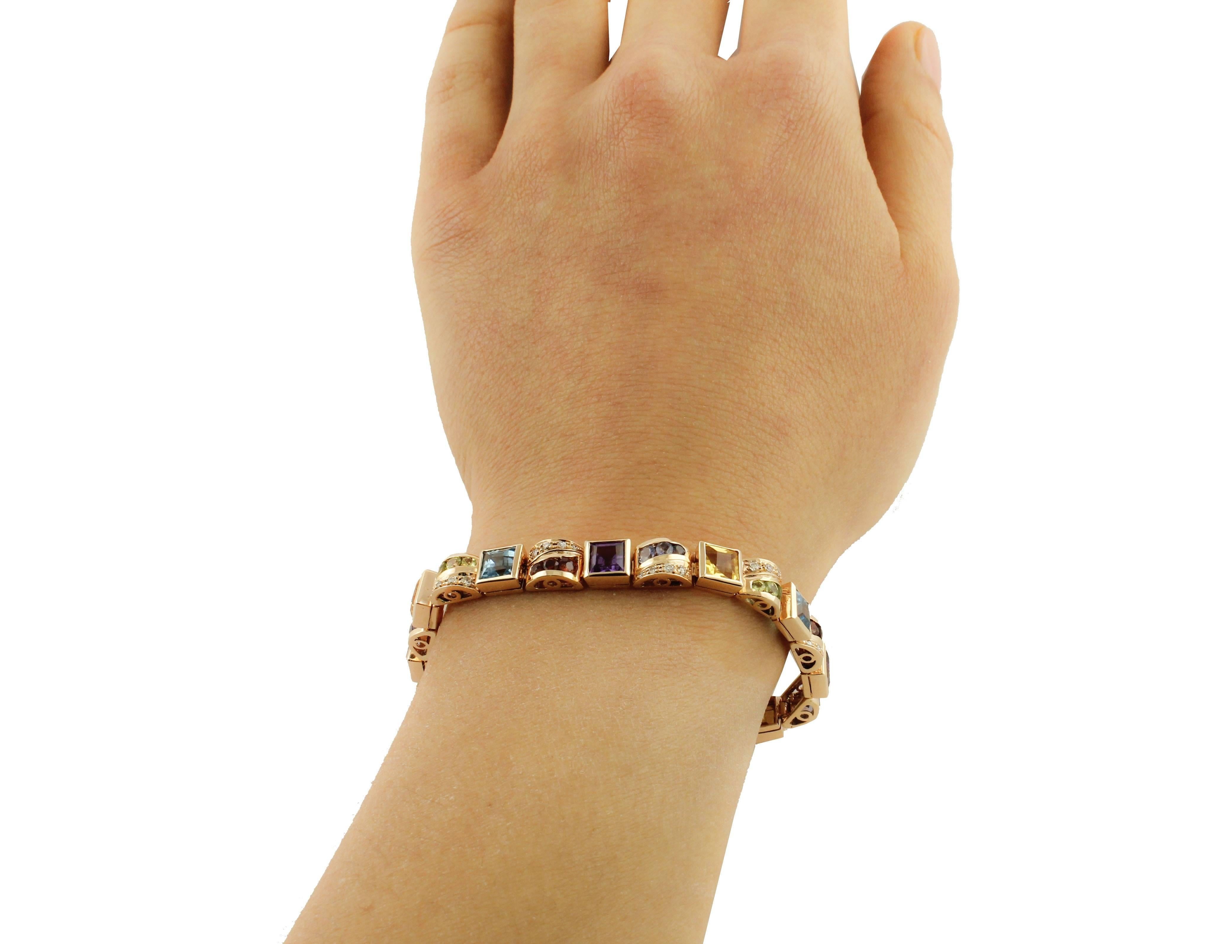 Topazs, Peridots, Garnets, Iolite, Amethysts, Diamonds, 14Kt Rose Gold Bracelet For Sale 1