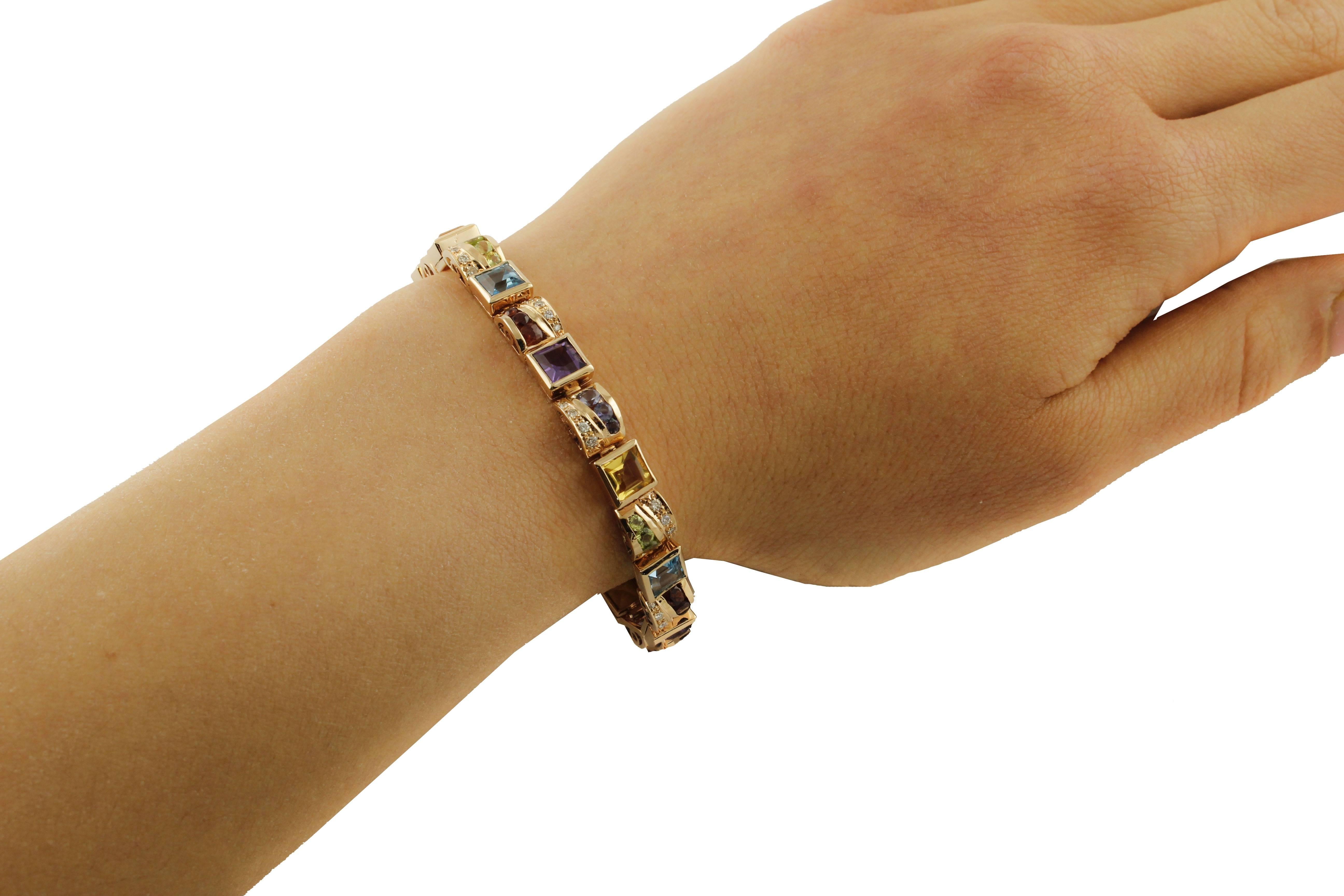 Topazs, Peridots, Garnets, Iolite, Amethysts, Diamonds, 14Kt Rose Gold Bracelet For Sale 3