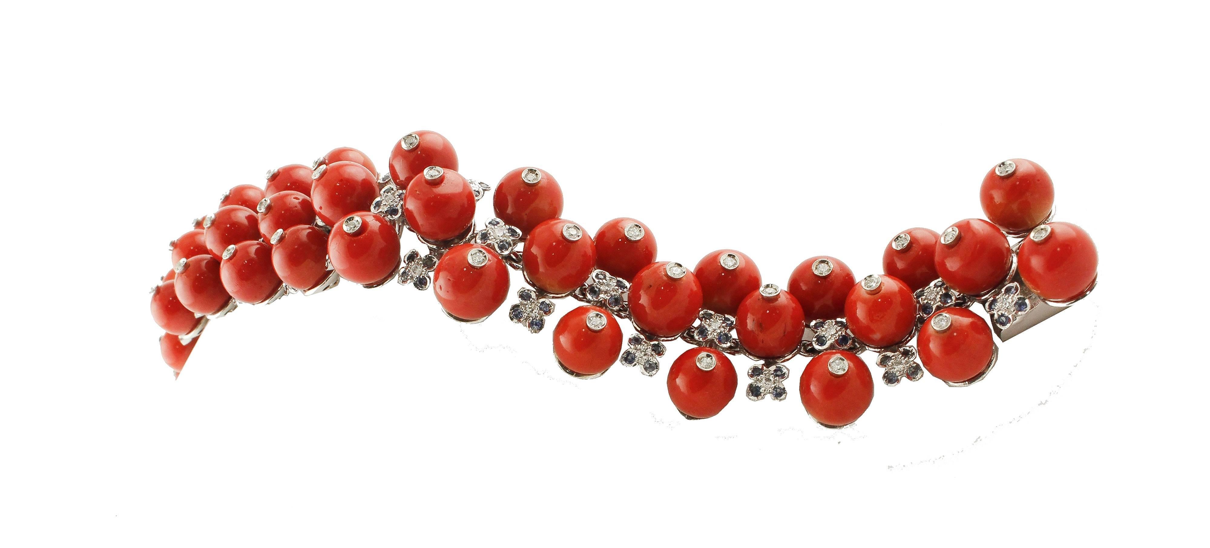 Mixed Cut Sapphires Corals  Diamonds White Gold Berries Bracelet For Sale