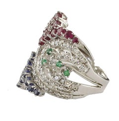 Rubies Sapphires Emeralds and  Diamonds 18 kt White Gold Band Ring