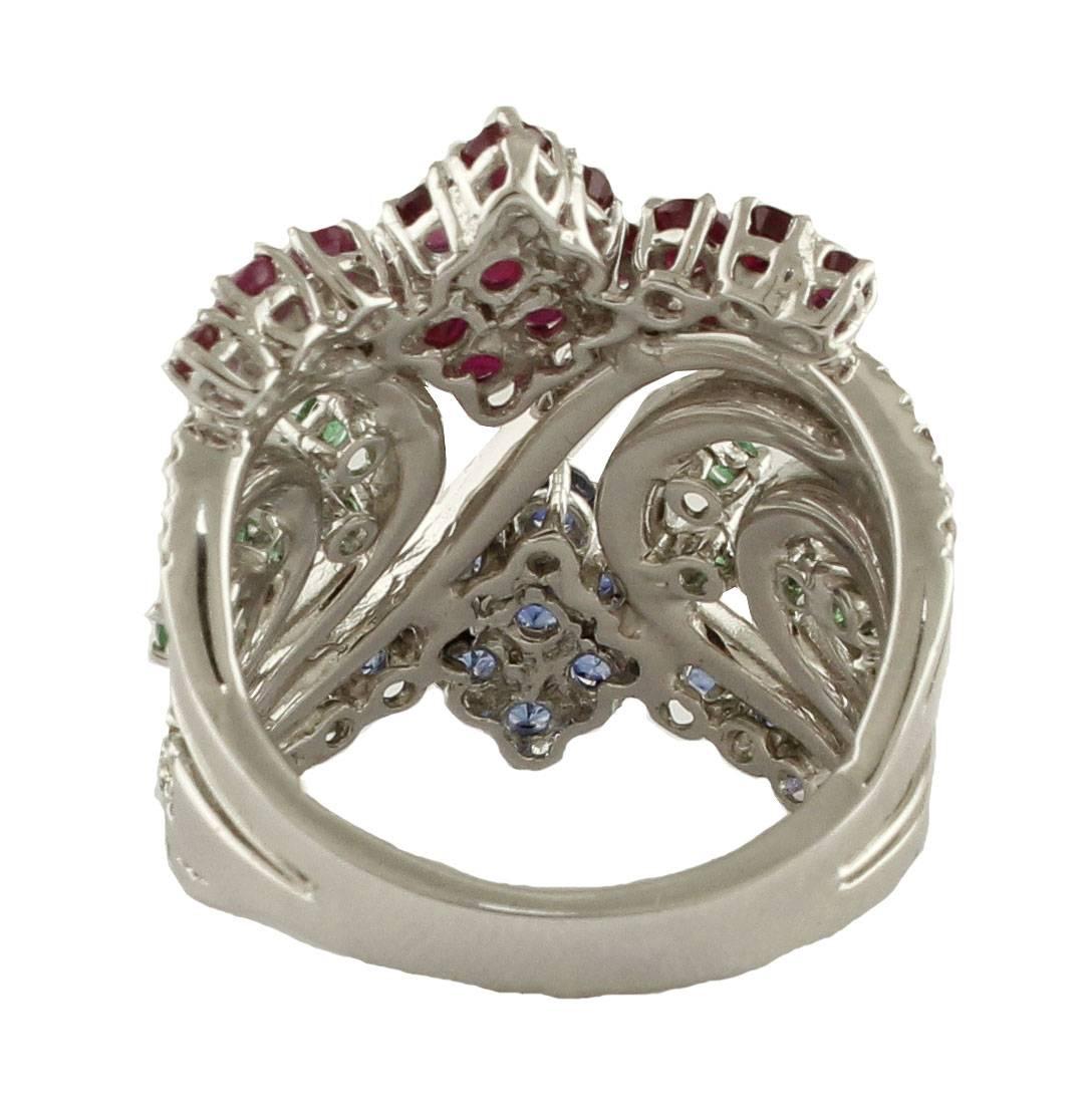 Retro Rubies Sapphires Emeralds and  Diamonds 18 kt White Gold Band Ring For Sale