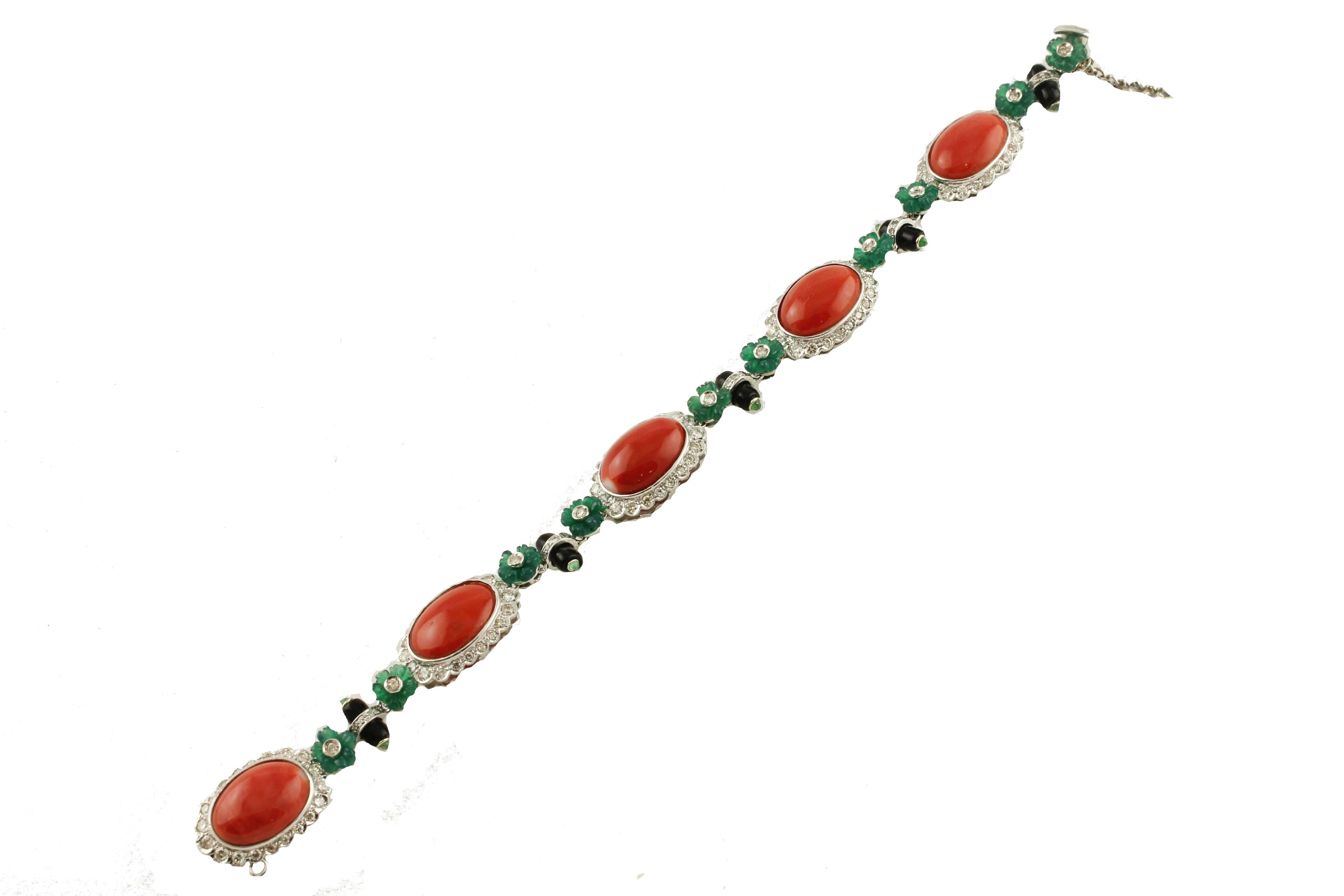 Retro Diamonds, Emeralds, Oval Shape Red Corals, Onyx, White Gold Link Retrò Bracelet