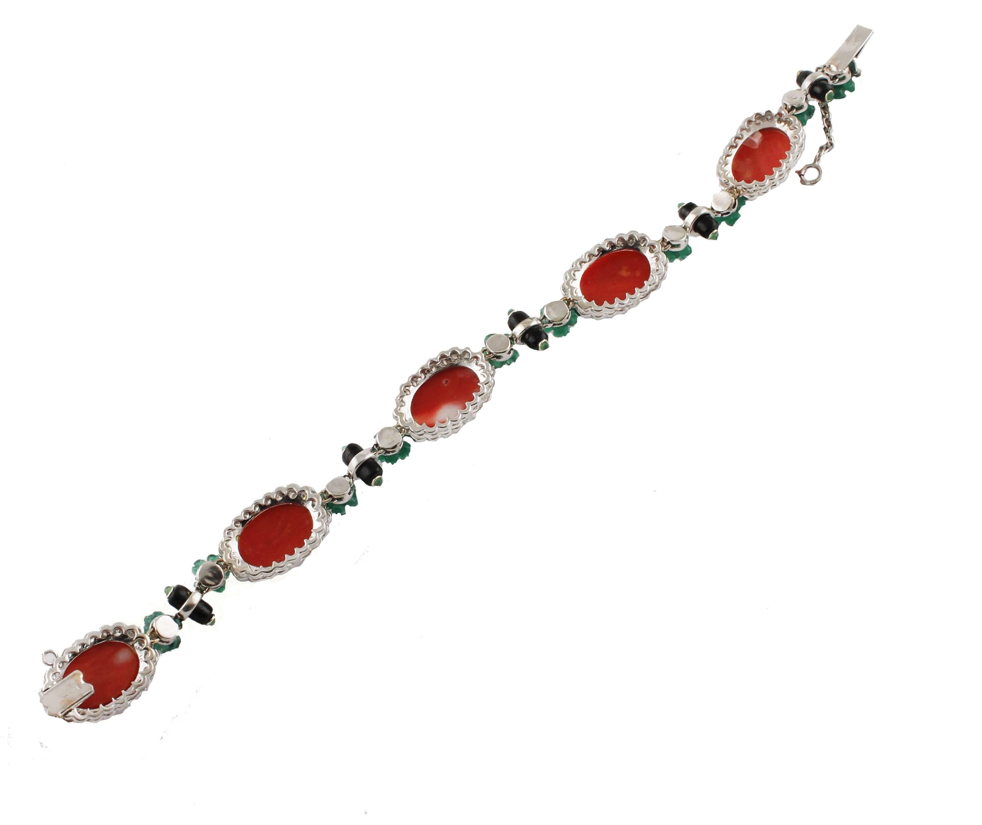 Diamonds, Emeralds, Oval Shape Red Corals, Onyx, White Gold Link Retrò Bracelet 1