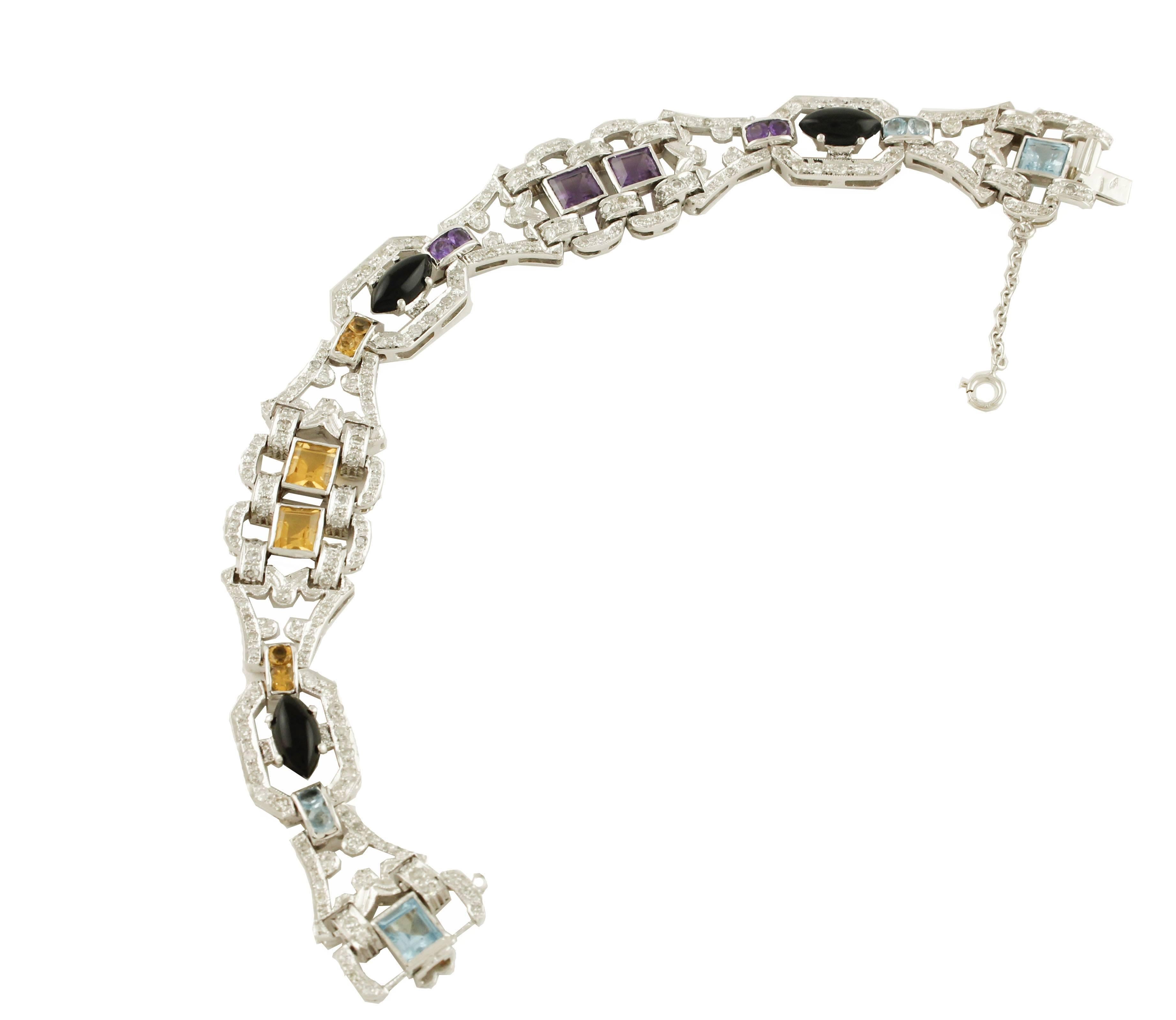 Retro Diamonds Onyx Topazes Amethyst White Gold Bracelet For Sale