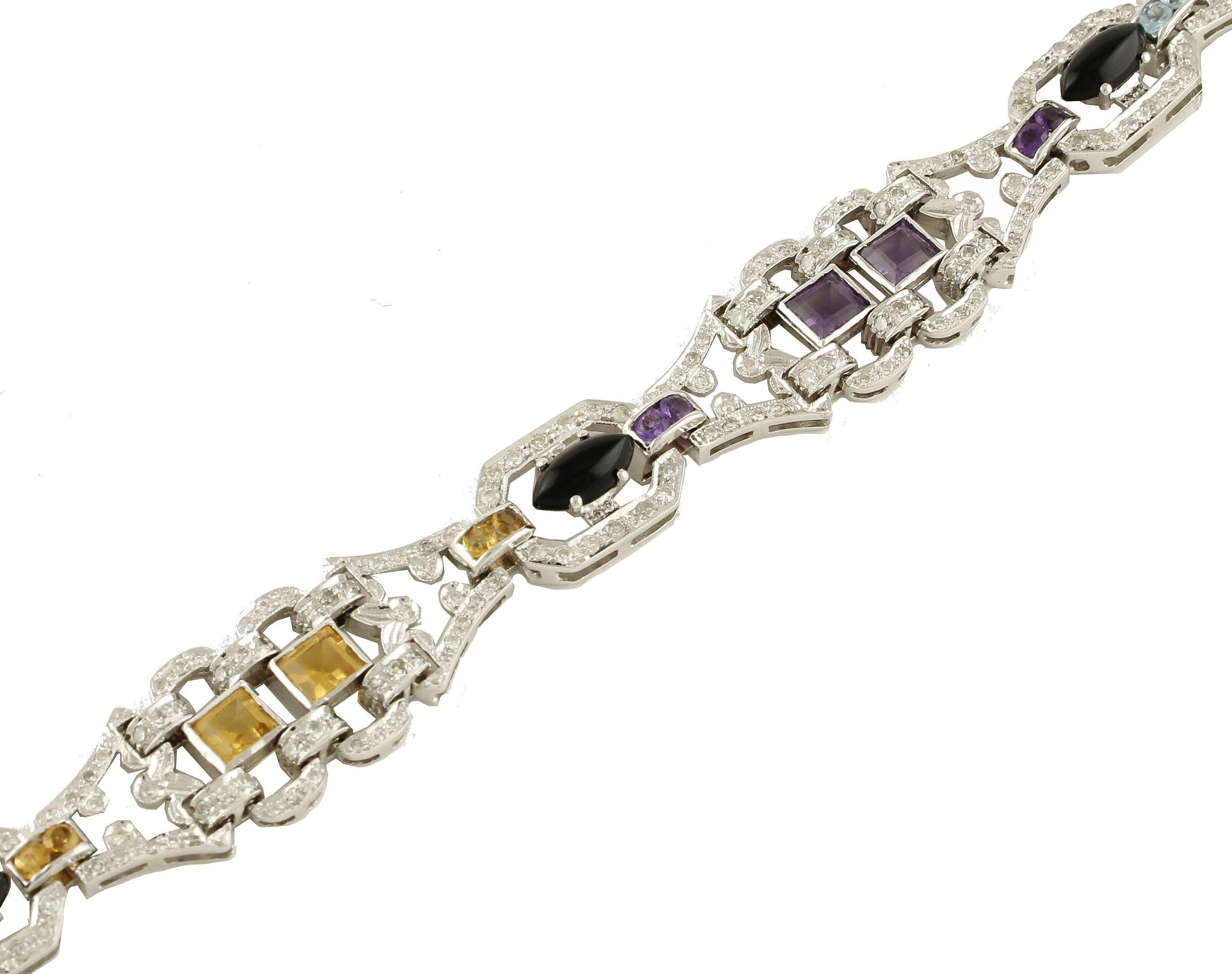 Diamonds Onyx Topazes Amethyst White Gold Bracelet In Good Condition For Sale In Marcianise, Marcianise (CE)