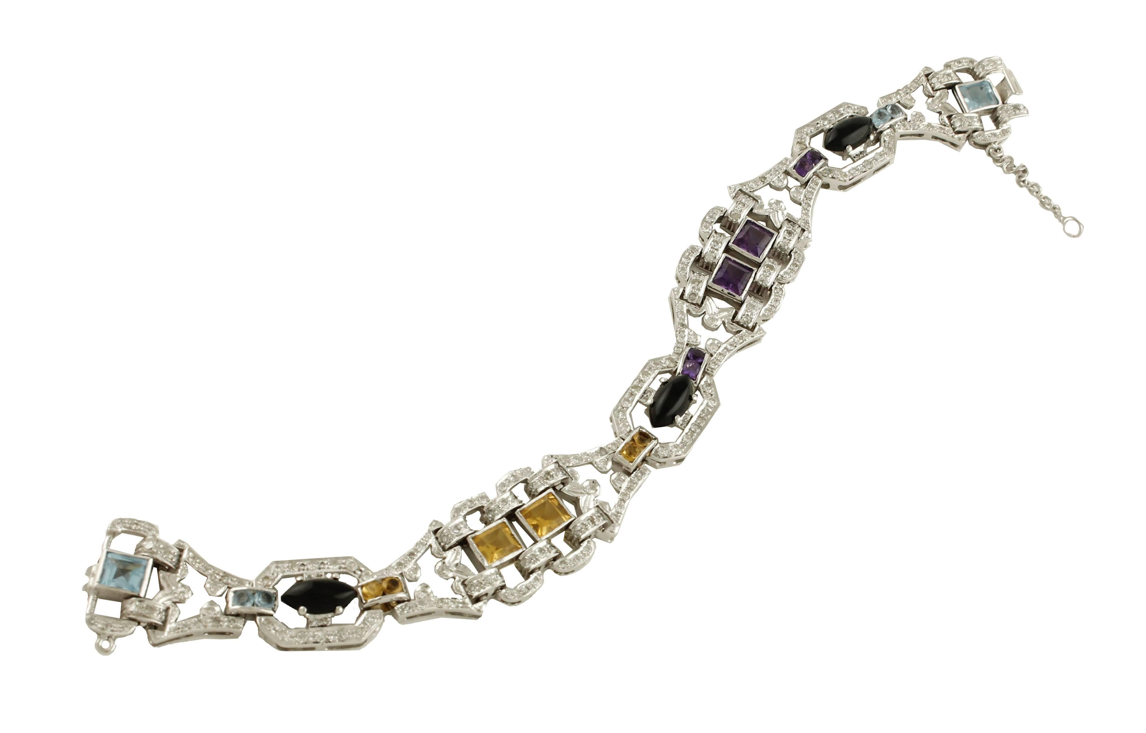 Women's or Men's Diamonds Onyx Topazes Amethyst White Gold Bracelet For Sale