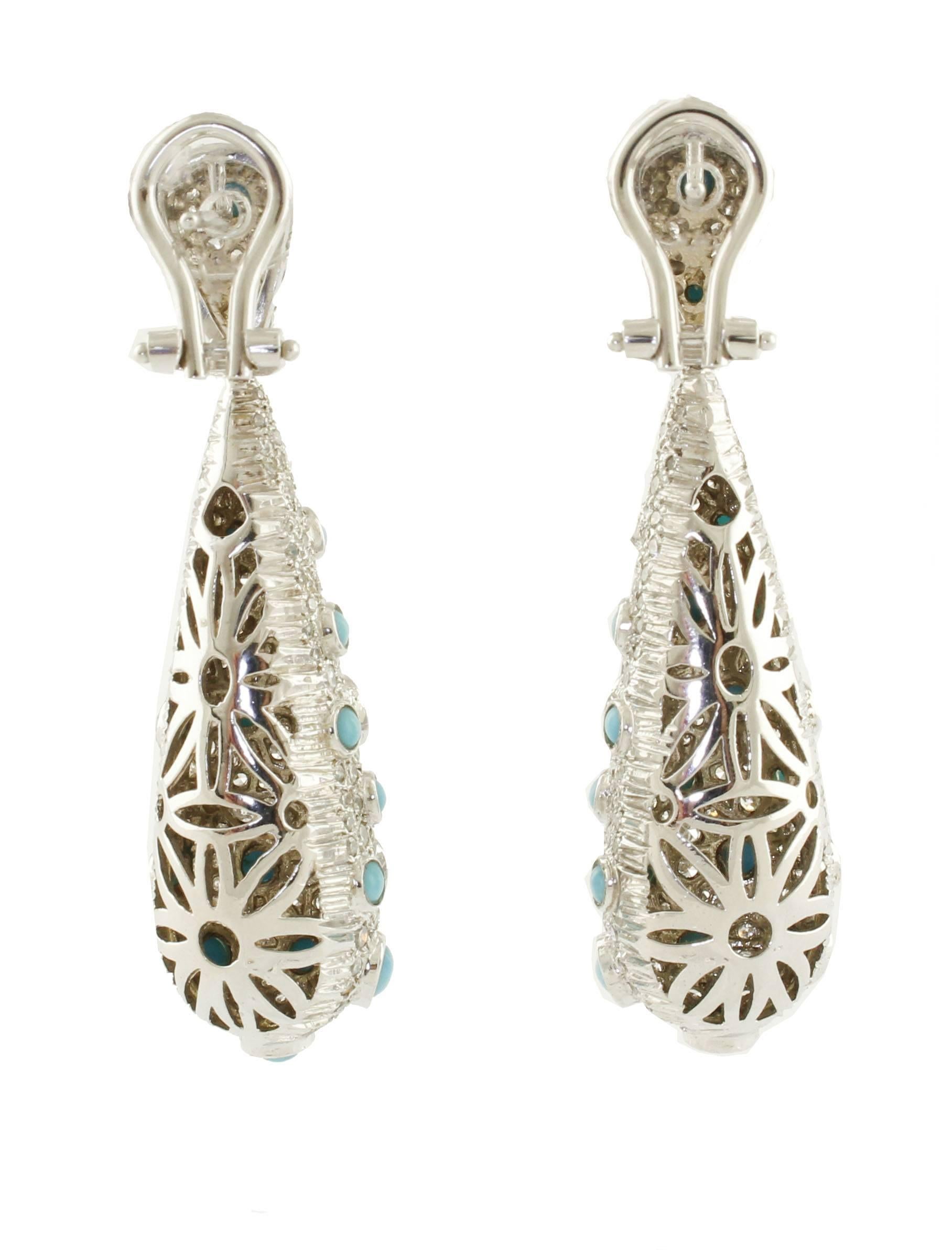 Women's 3.74 Carat Diamonds, Turquoise, White Gold Earrings
