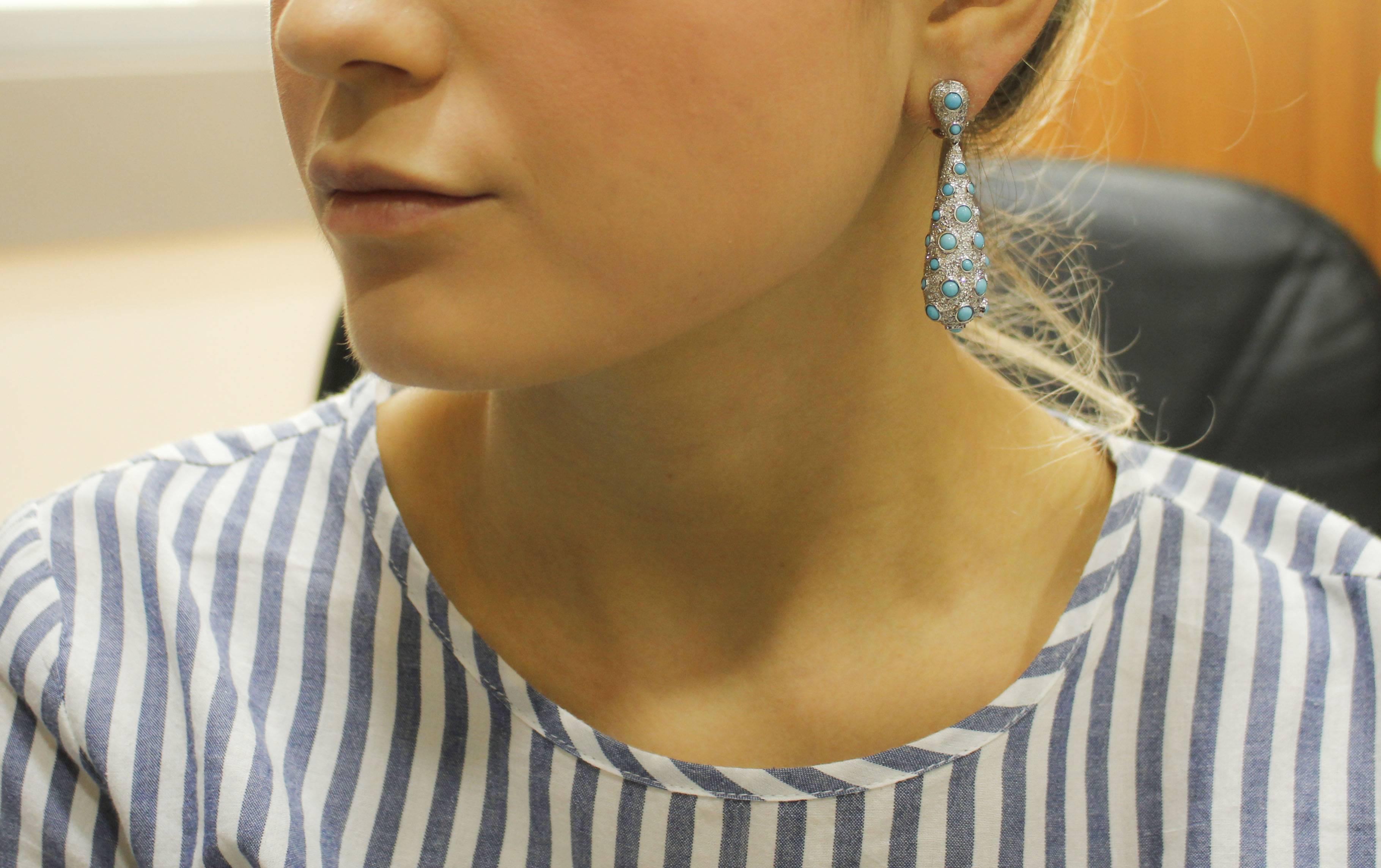 3.74 Carat Diamonds, Turquoise, White Gold Earrings 3