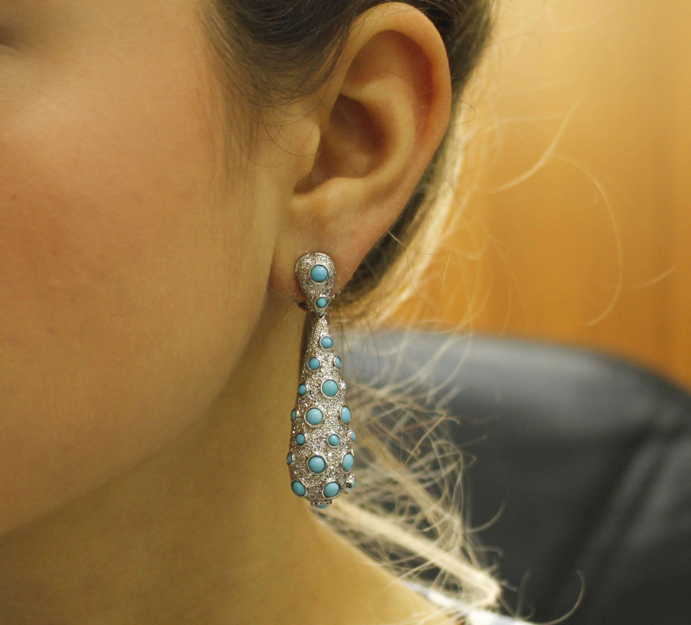 3.74 Carat Diamonds, Turquoise, White Gold Earrings 4