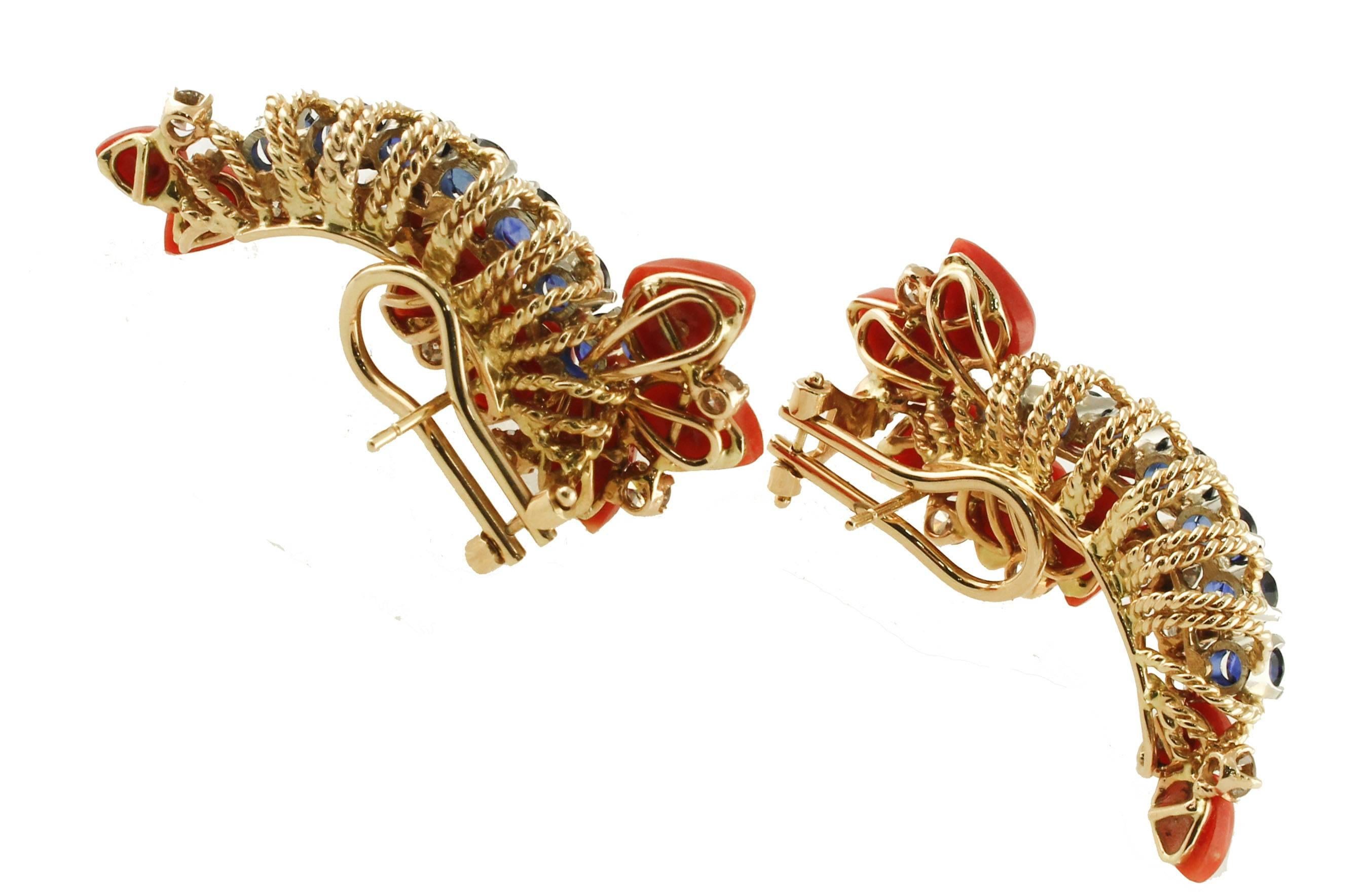 Retro Blue Sapphires, White Diamonds, Red Coral Drops, Rose White Gold Clip-on Earrings