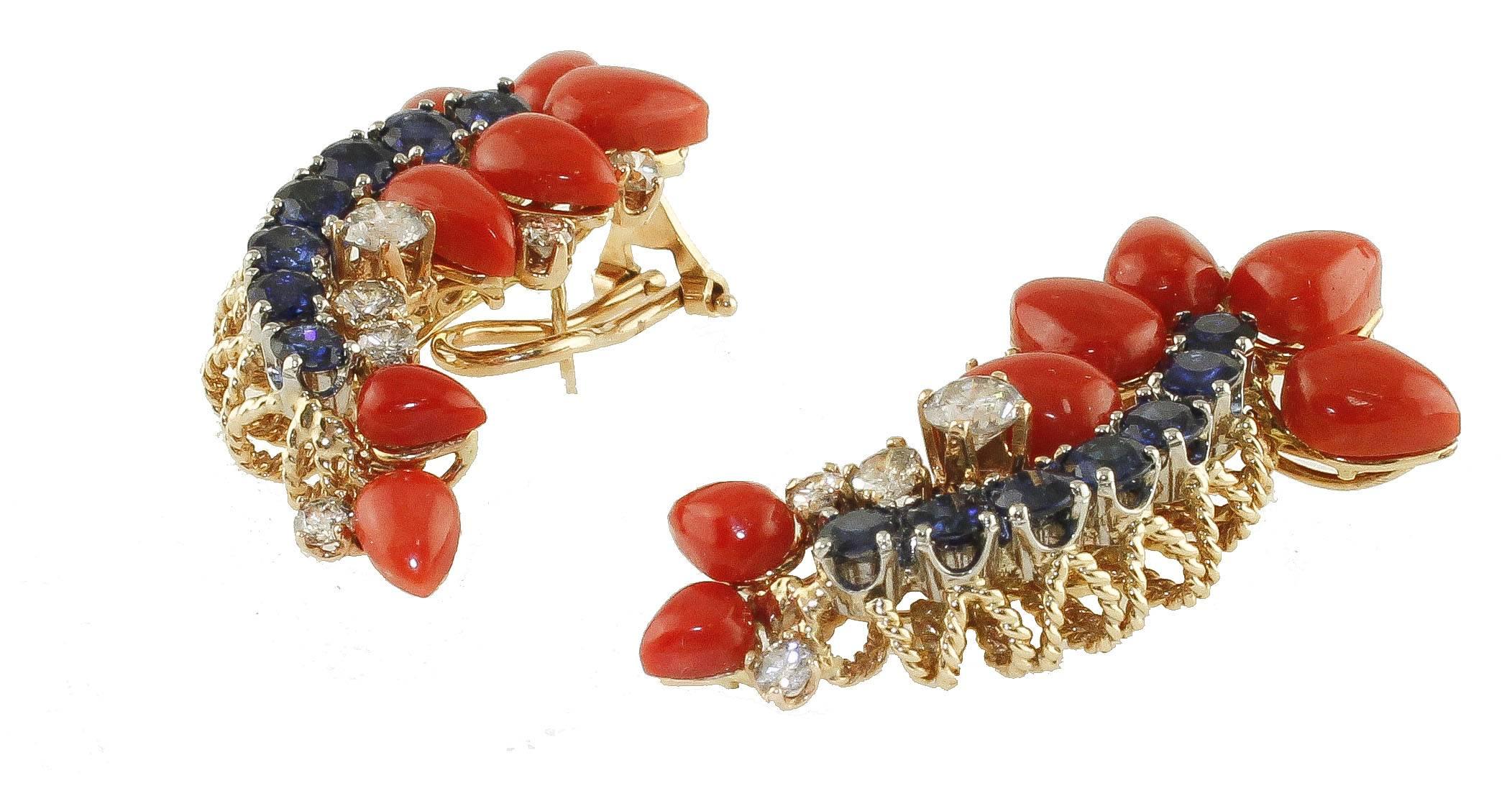 Mixed Cut Blue Sapphires, White Diamonds, Red Coral Drops, Rose White Gold Clip-on Earrings
