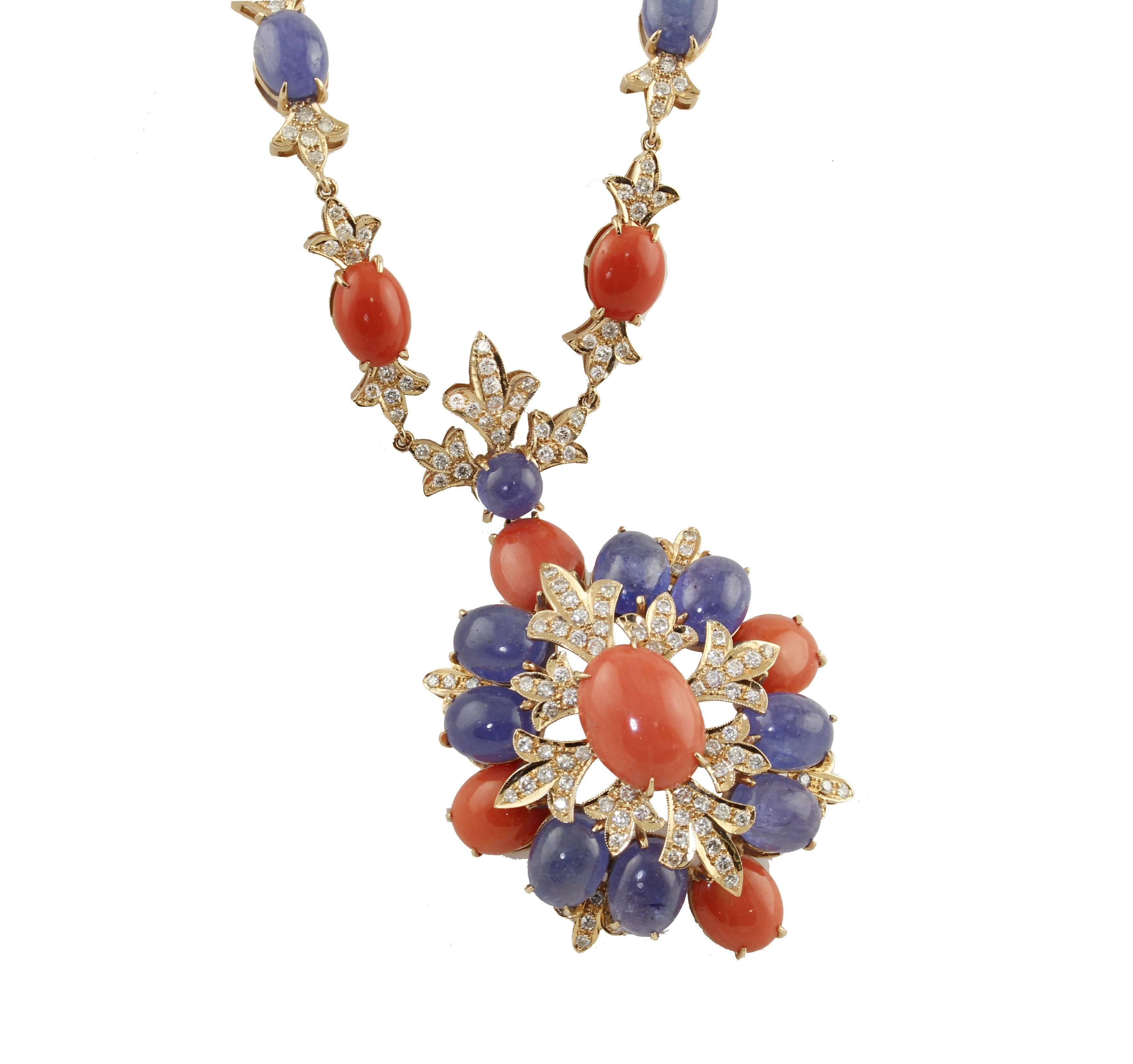 Fabulous 14 kt rose gold necklace, all encrusted with 8.70 g coral, alternating with 48.71 ct tanzanite and 6.42 ct diamonds.
Diamonds ct 6.42
Coral  8.70 g 
Tanzanite 48.71 ct
Total weight g 70.70
R.F + uoafo

For any enquires, please contact the