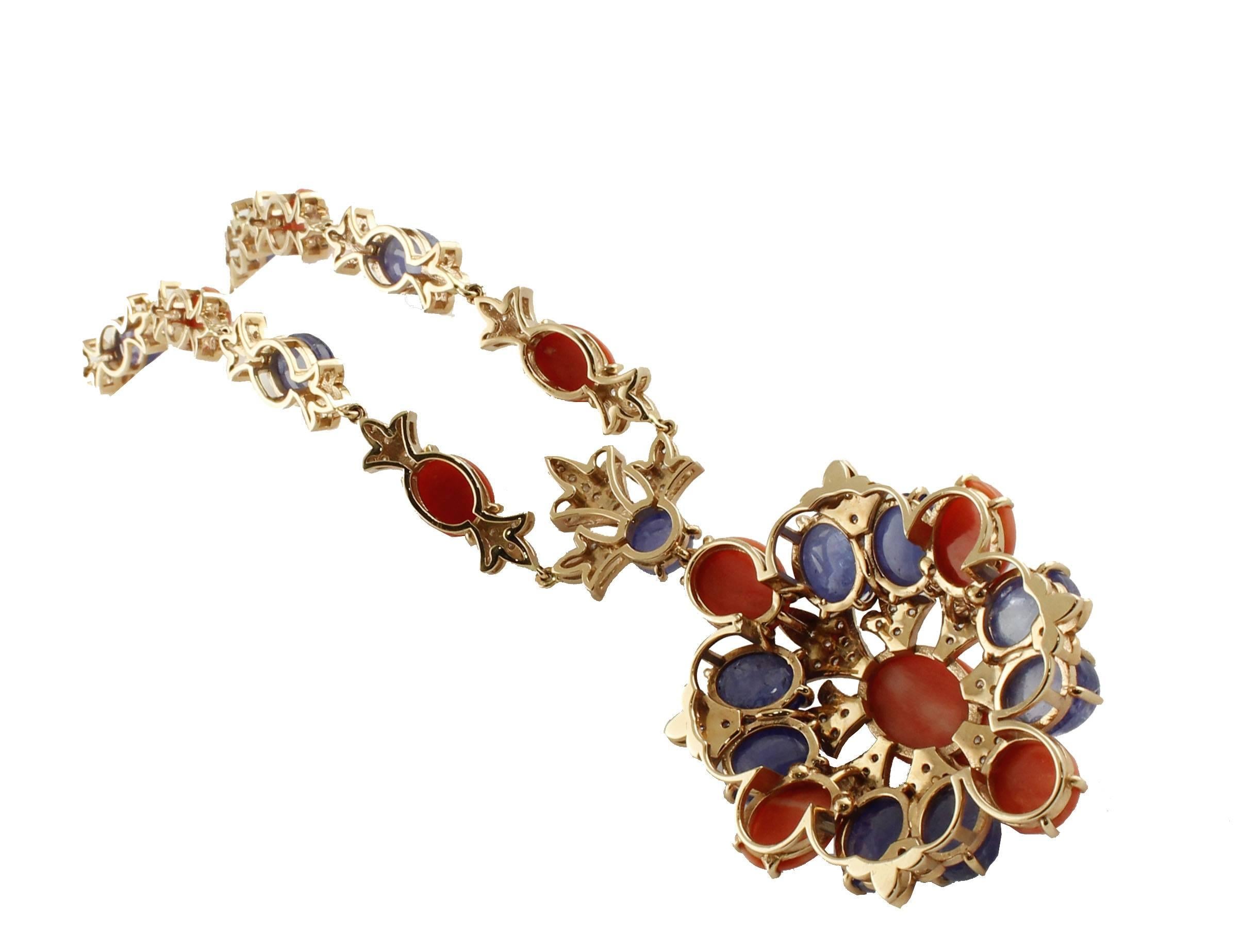Retro Diamonds Coral Tanzanite Rose Gold Pendant Necklace