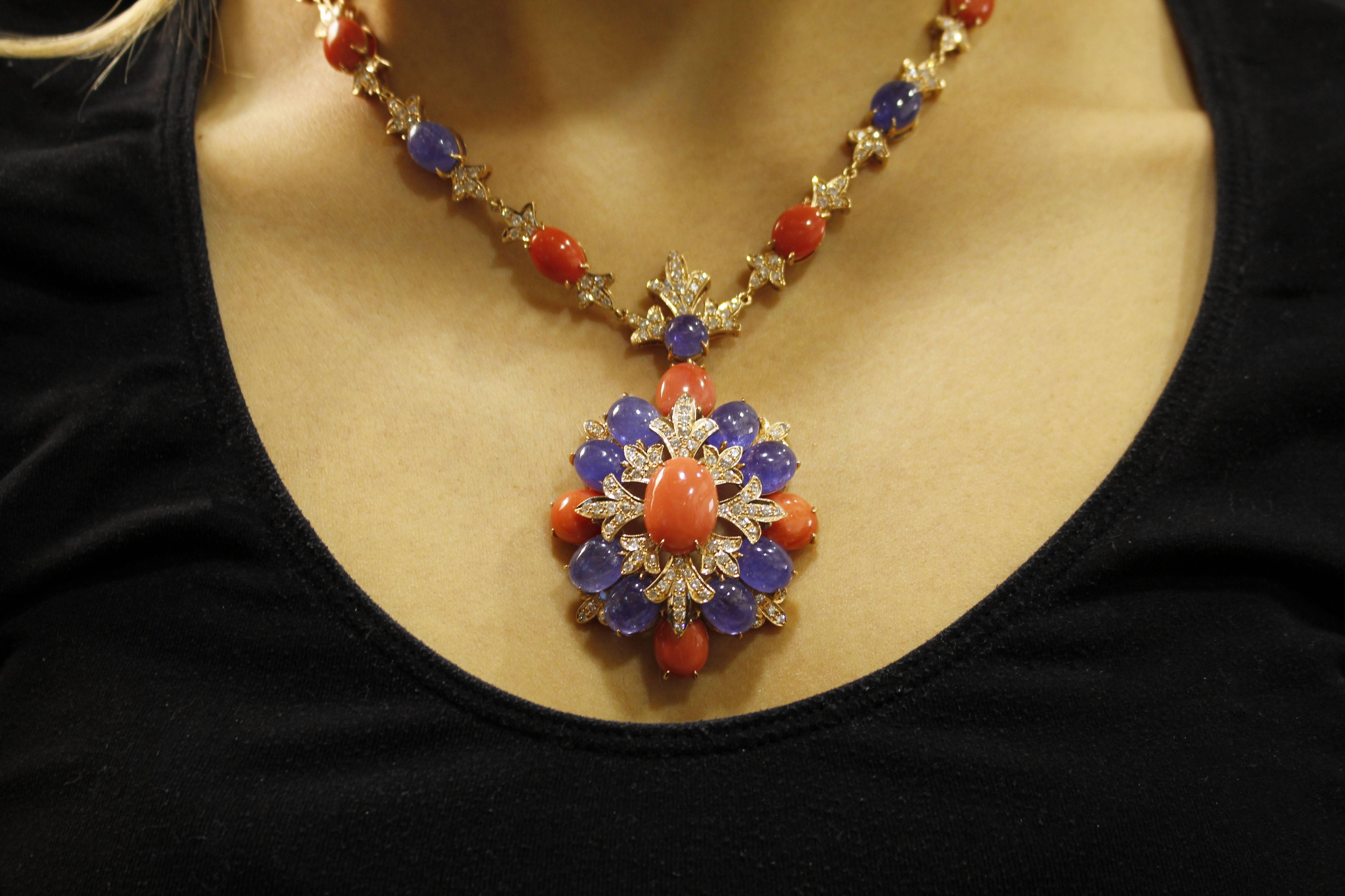 Women's Diamonds Coral Tanzanite Rose Gold Pendant Necklace