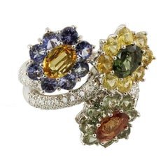 Colored Sapphires Tanzanite Diamonds White Gold Flowers Ring