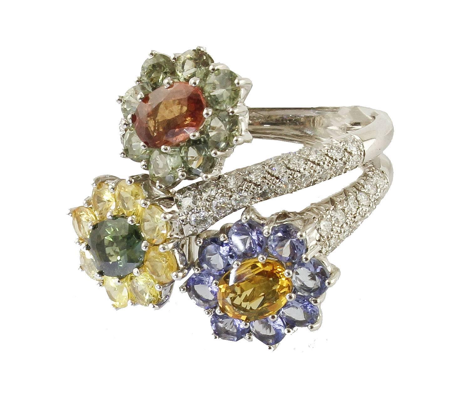Retro Colored Sapphires Tanzanite Diamonds White Gold Flowers Ring For Sale