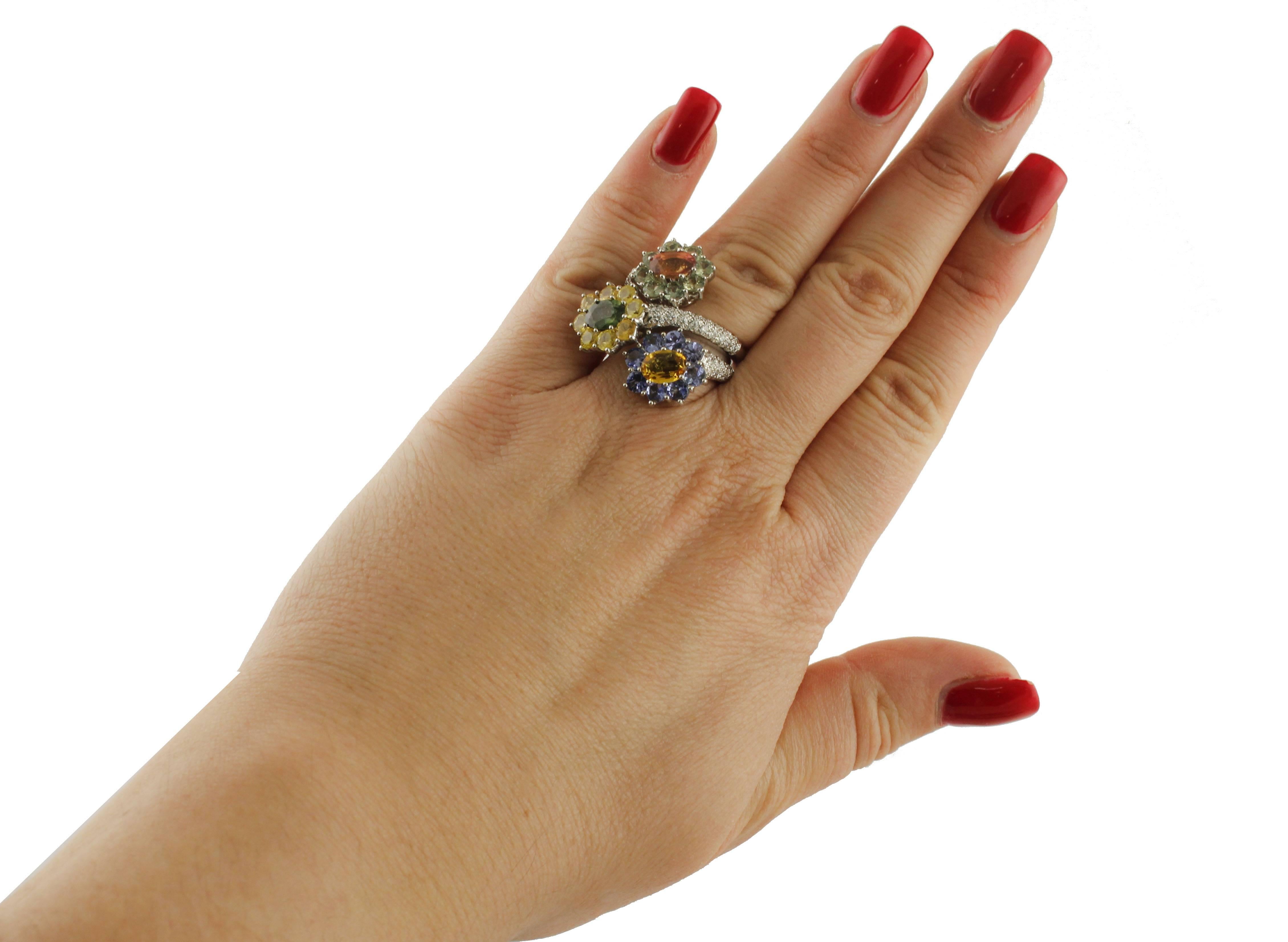 Colored Sapphires Tanzanite Diamonds White Gold Flowers Ring For Sale 1