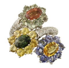 Colored Sapphires Tanzanite Diamonds White Gold Flowers Ring