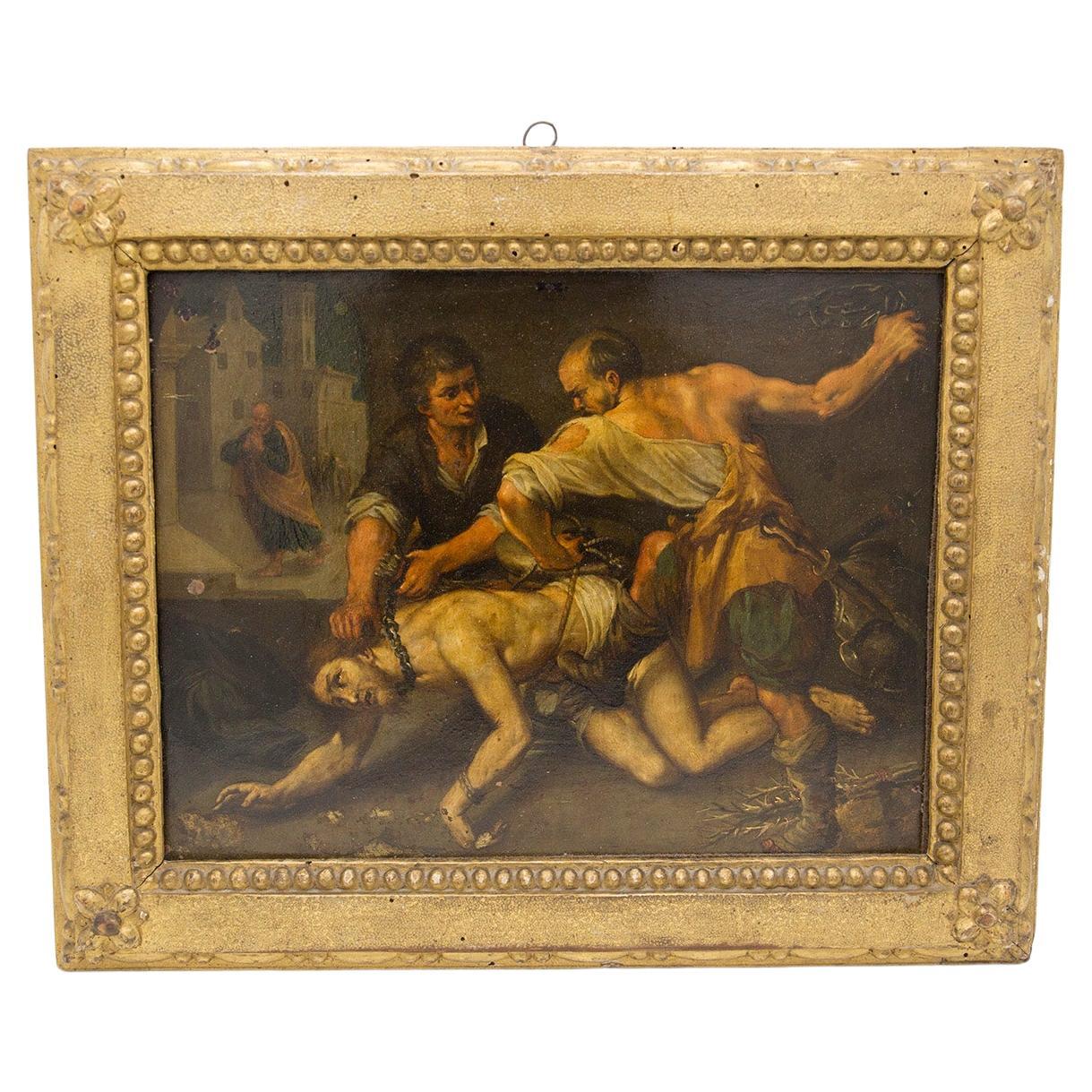 Caravaggesque Oil on Copper "Flagellation of Christ" Baroque Sicilian, 17th Cent For Sale