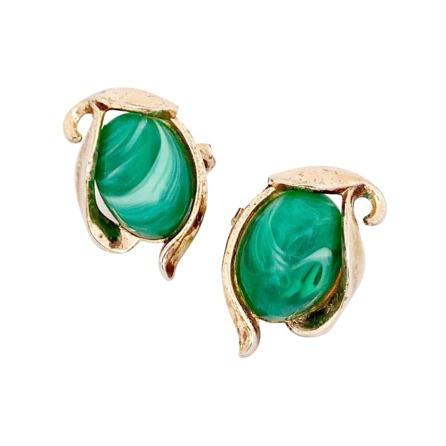 Caravan Collection Faux Malachite Thermoset Earrings By Crown Trifari,  1950s at 1stDibs