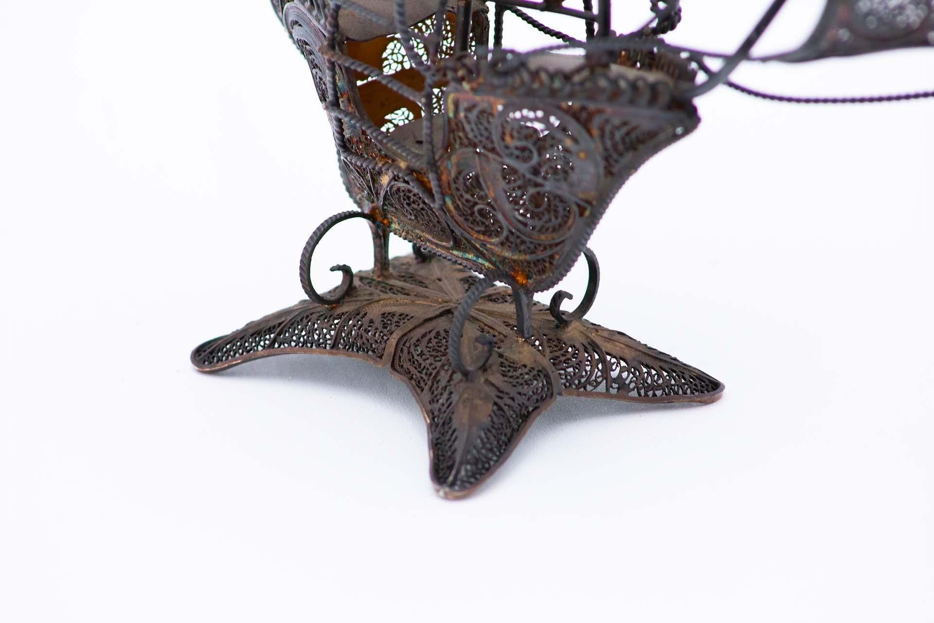 20th Century Caravel in filigree silver with traces of gold For Sale