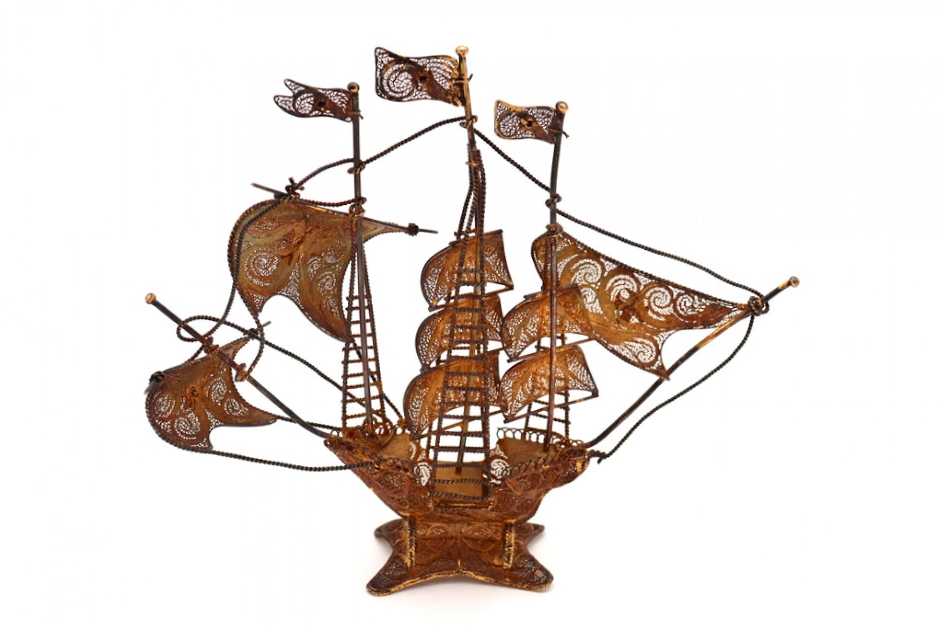 Silver Caravel in gilded silver filigree with Maltese crosses For Sale
