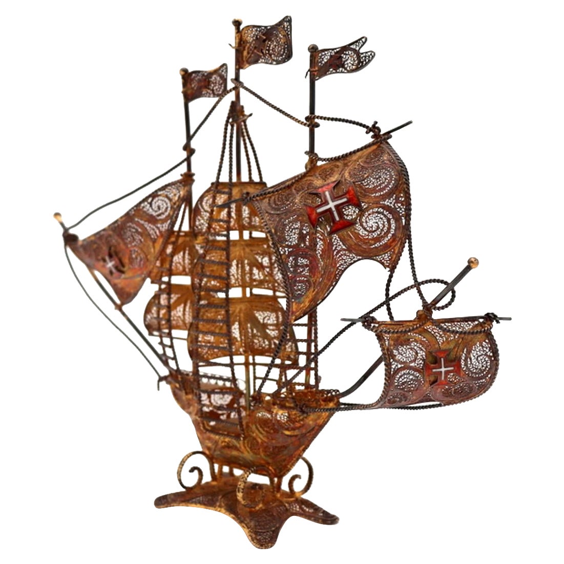 Caravel in gilded silver filigree with Maltese crosses For Sale