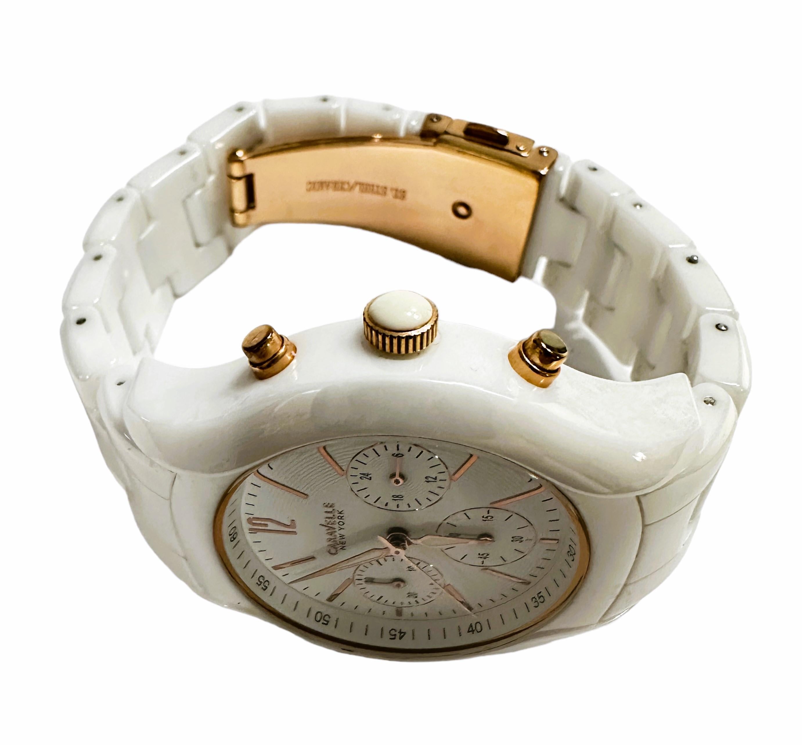 Caravelle by Bulova White & Rose Gold Ceramic Watch In Excellent Condition For Sale In Eagan, MN