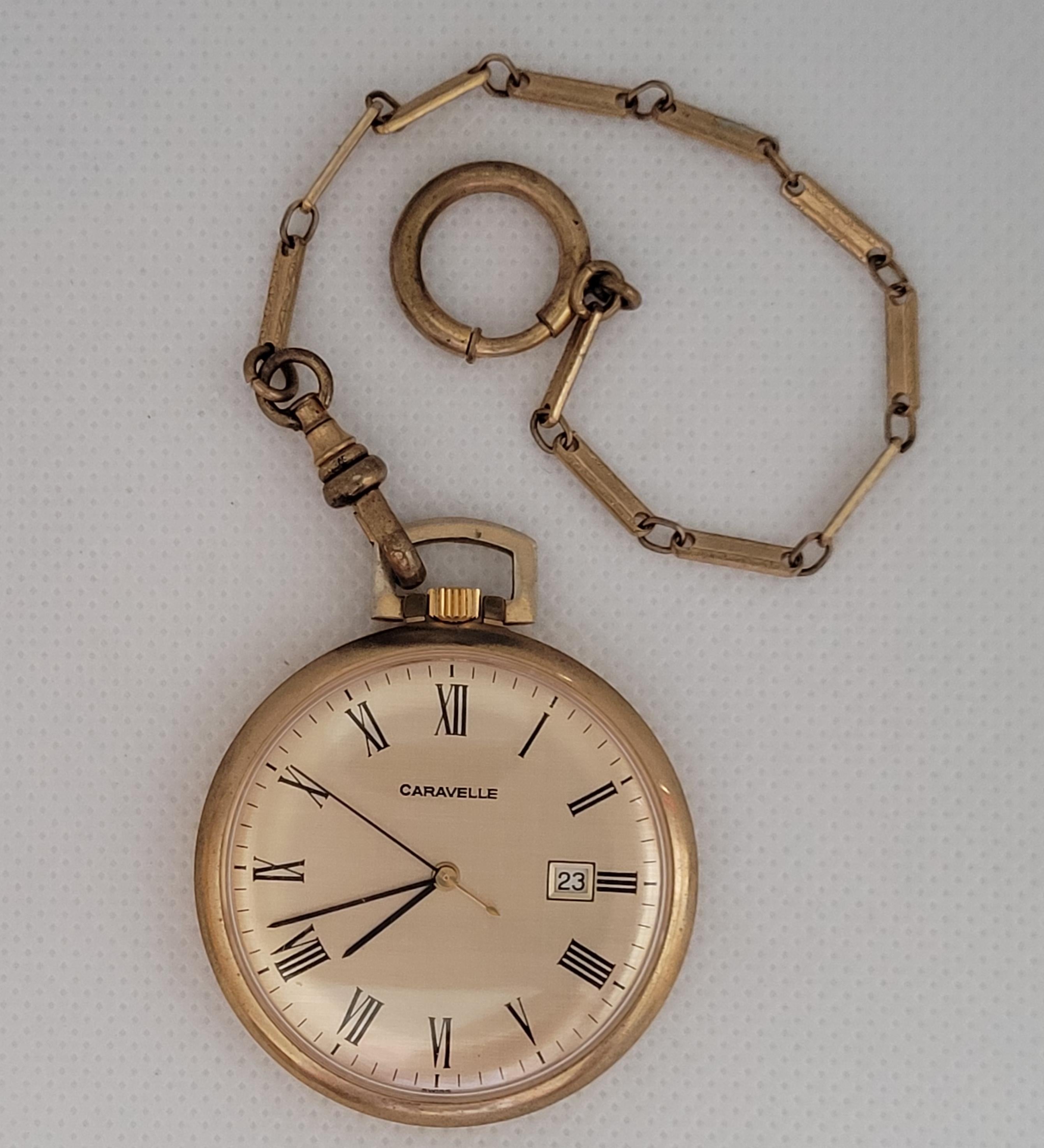 Caravelle Pocket Watch Working Swiss 17 Jewel Model 8222 Vintage 1960s In Excellent Condition In Rancho Santa Fe, CA