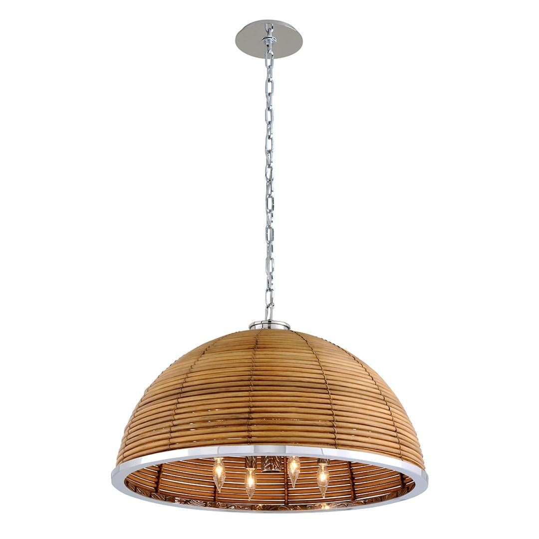Martyn Lawrence Bullard for Corbett Lighting
Industrial silhouette with a tropical aptitude, The Carayes Chandelier brings an eclectic blend of materials for a warm outlook and laidback elegance. 
Crafted from hand-cut sustainable rattan, the
