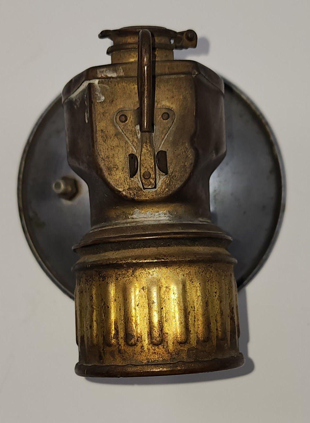 Carbide Coal Miners Lamp with Coal Oil Can and tin funnel by Justrite Areamlined In Good Condition For Sale In North Hollywood, CA