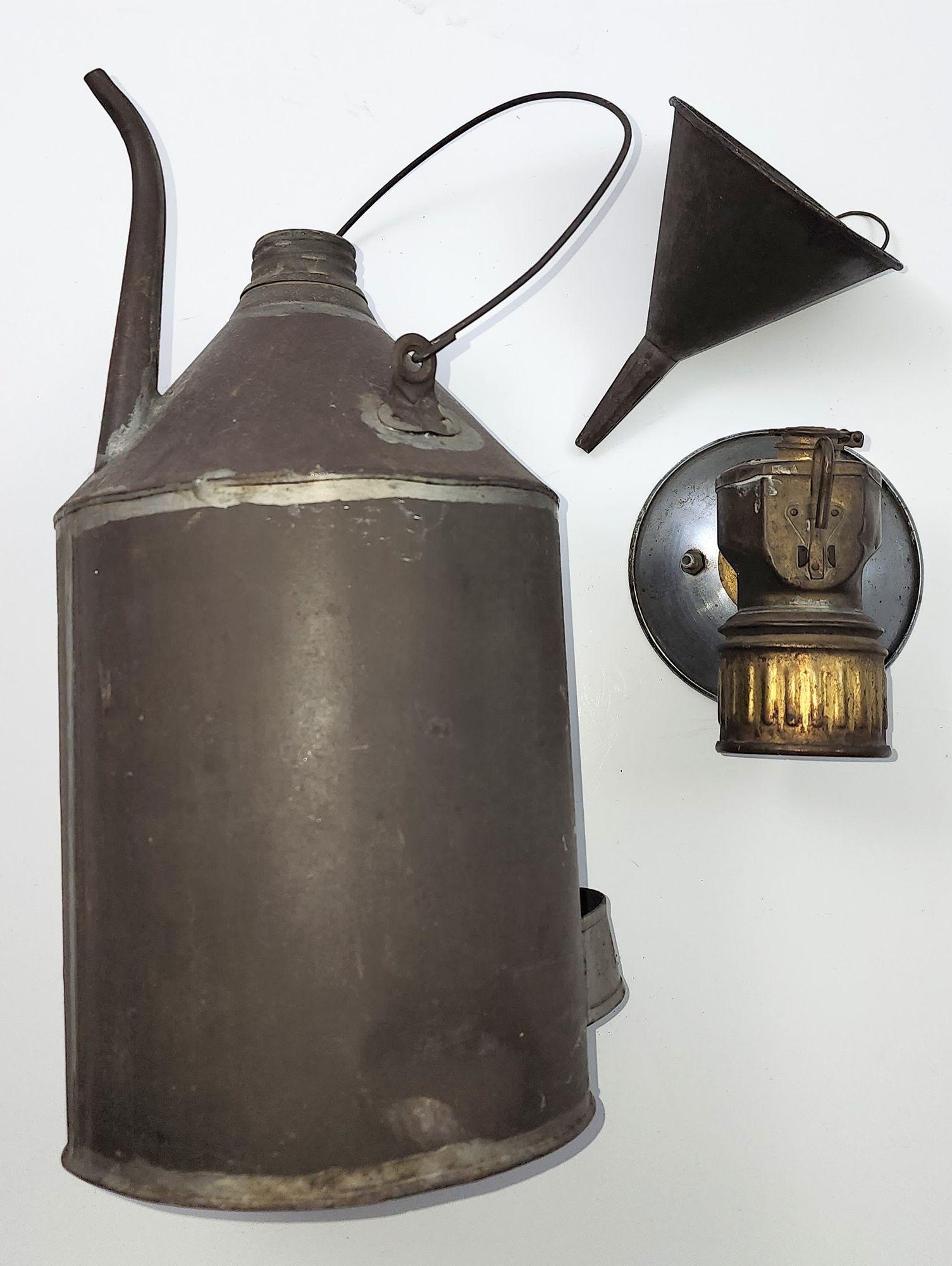 20th Century Carbide Coal Miners Lamp with Coal Oil Can and tin funnel by Justrite Areamlined For Sale
