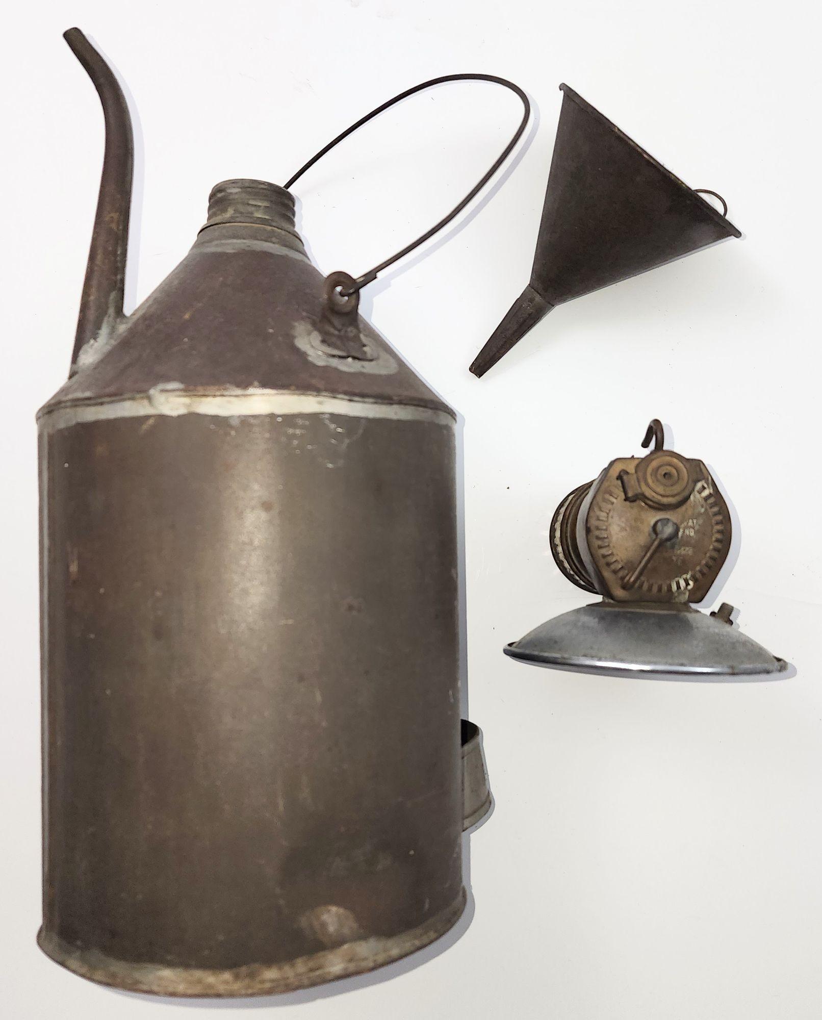 Metal Carbide Coal Miners Lamp with Coal Oil Can and tin funnel by Justrite Areamlined For Sale