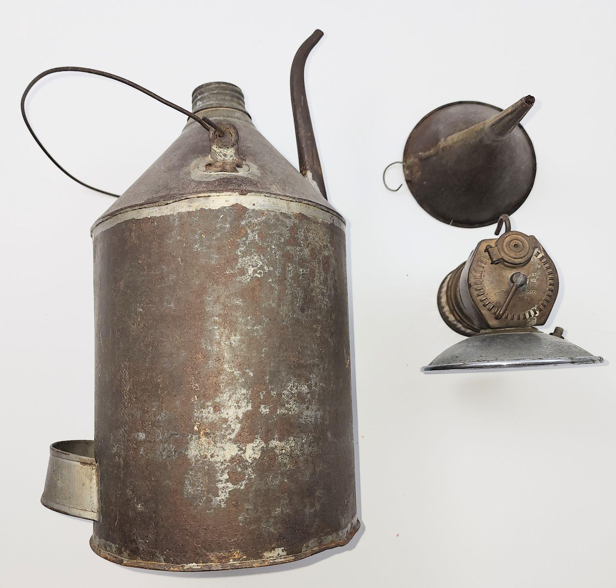 Carbide Coal Miners Lamp with Coal Oil Can and tin funnel by Justrite Areamlined For Sale 1