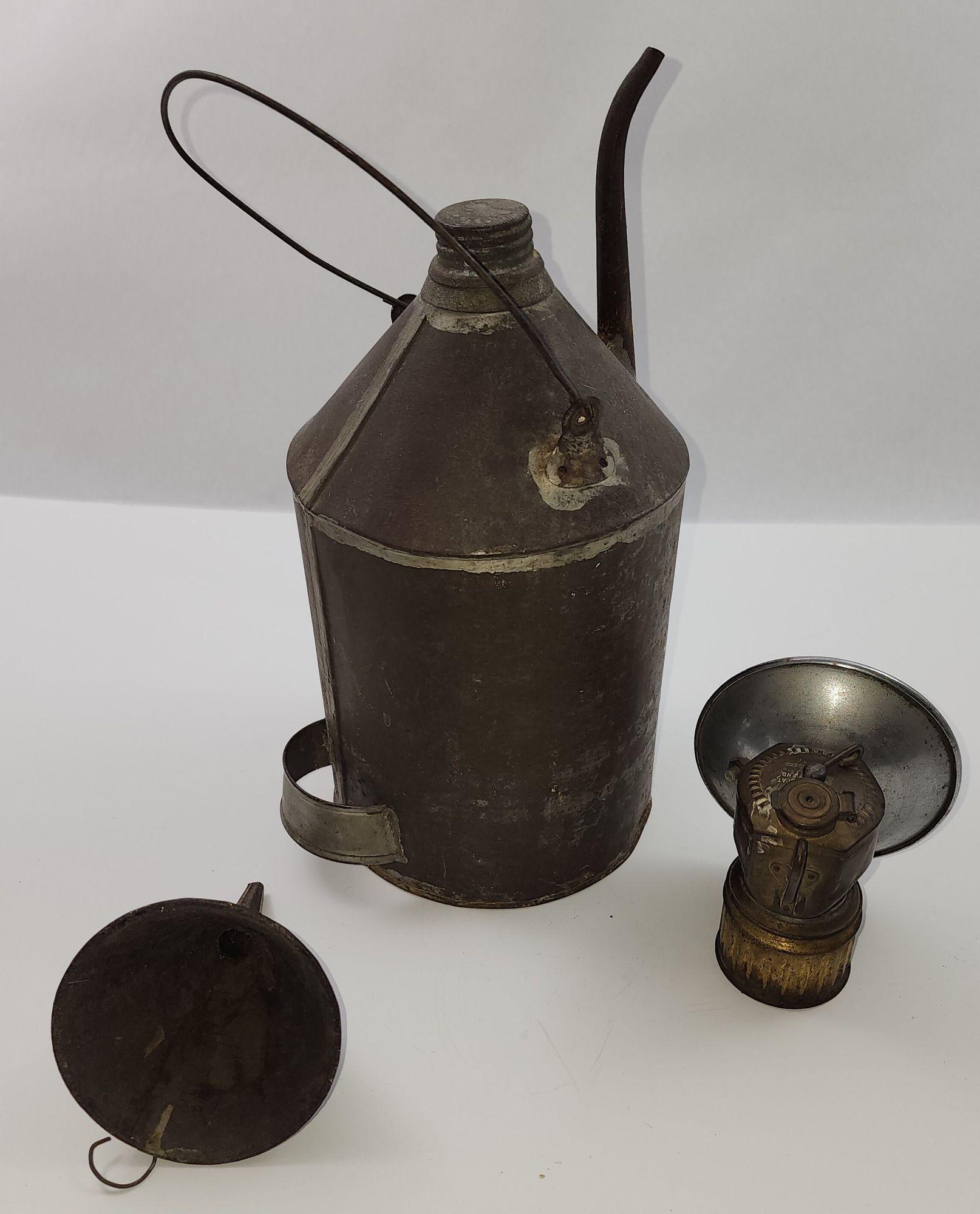 Carbide Coal Miners Lamp with Coal Oil Can and tin funnel by Justrite Areamlined